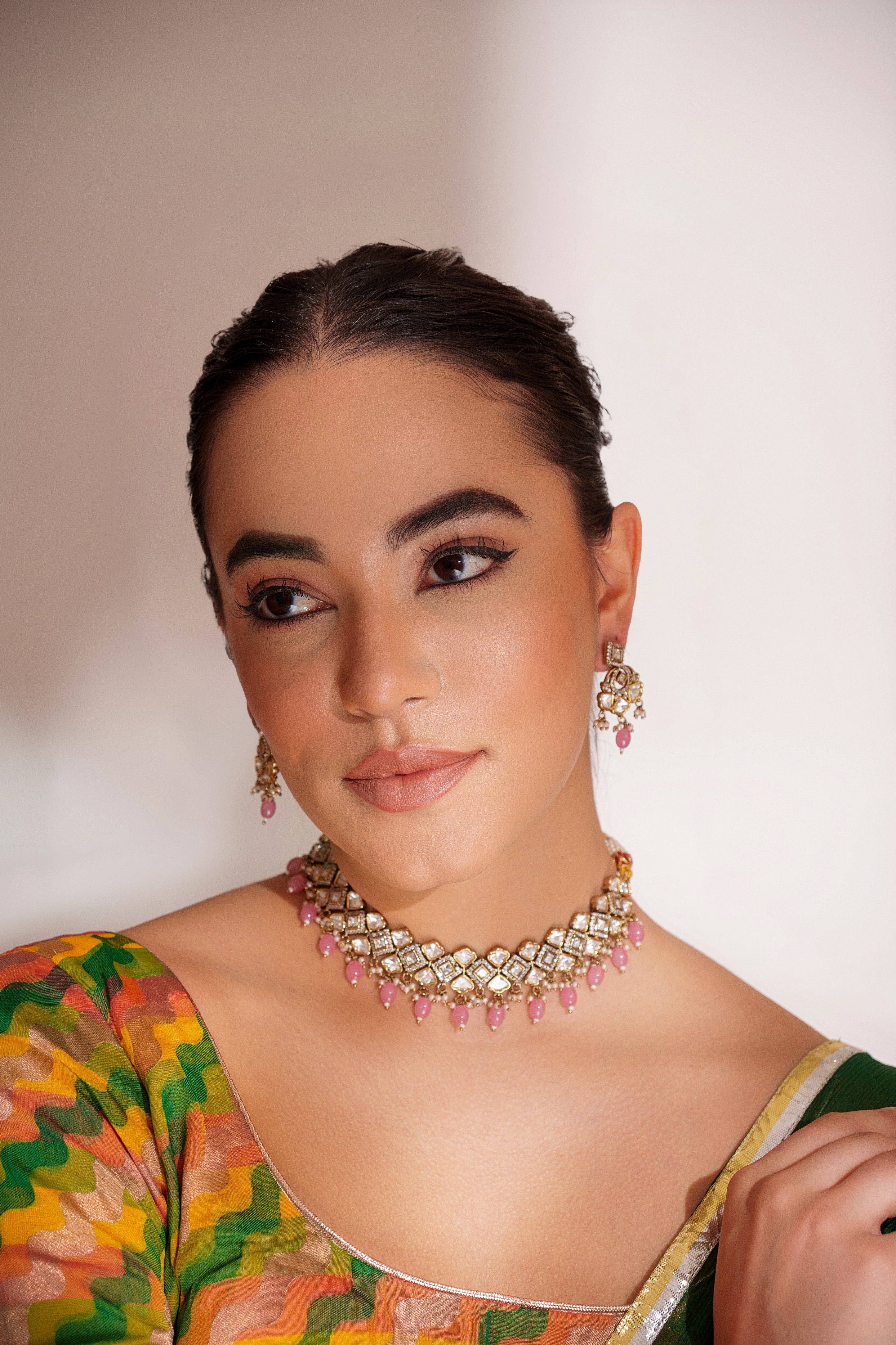 Pink & White Kundan Bead Choker Necklace