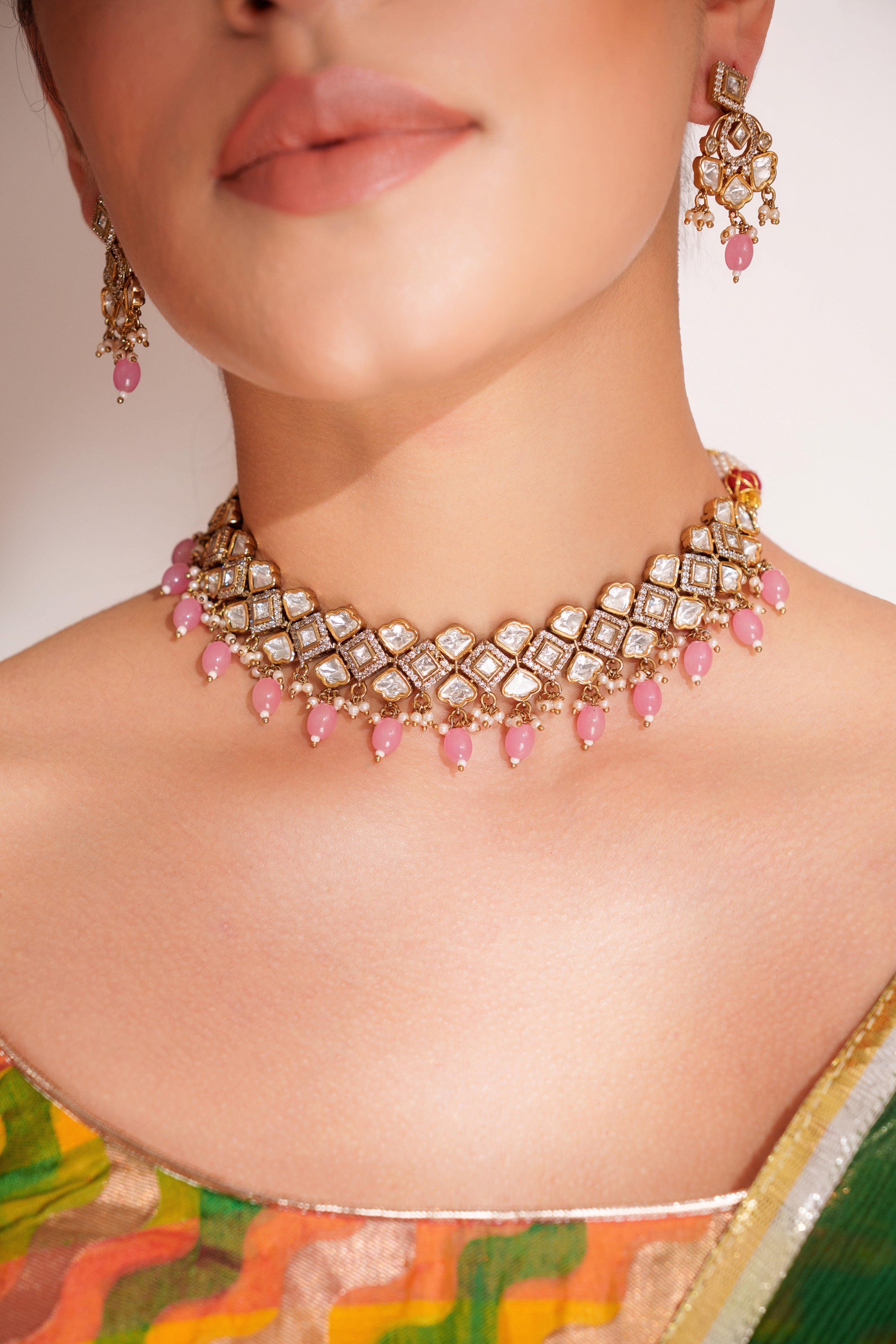 Pink & White Kundan Bead Choker Necklace