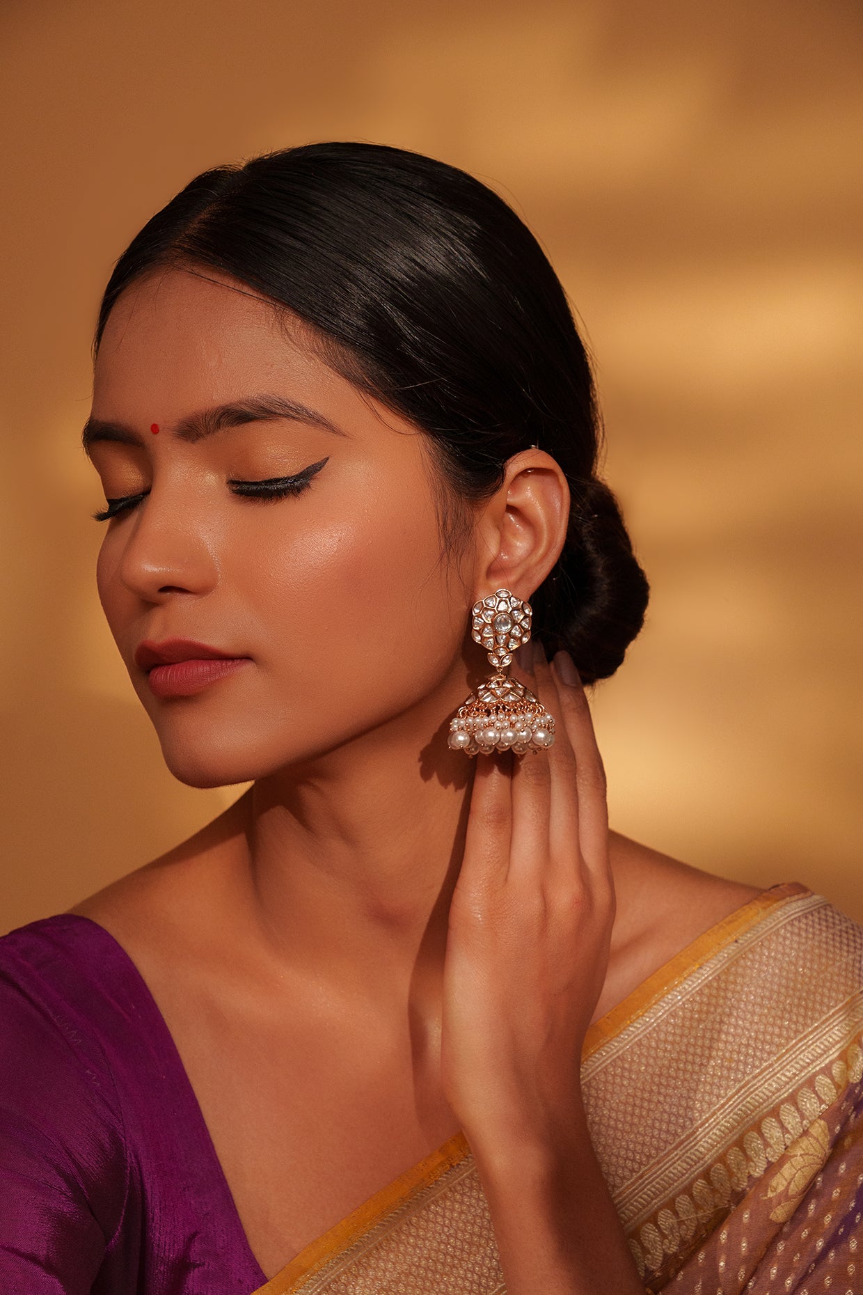 Classic Gold Jhumka Earrings with White Kundan and Pearls