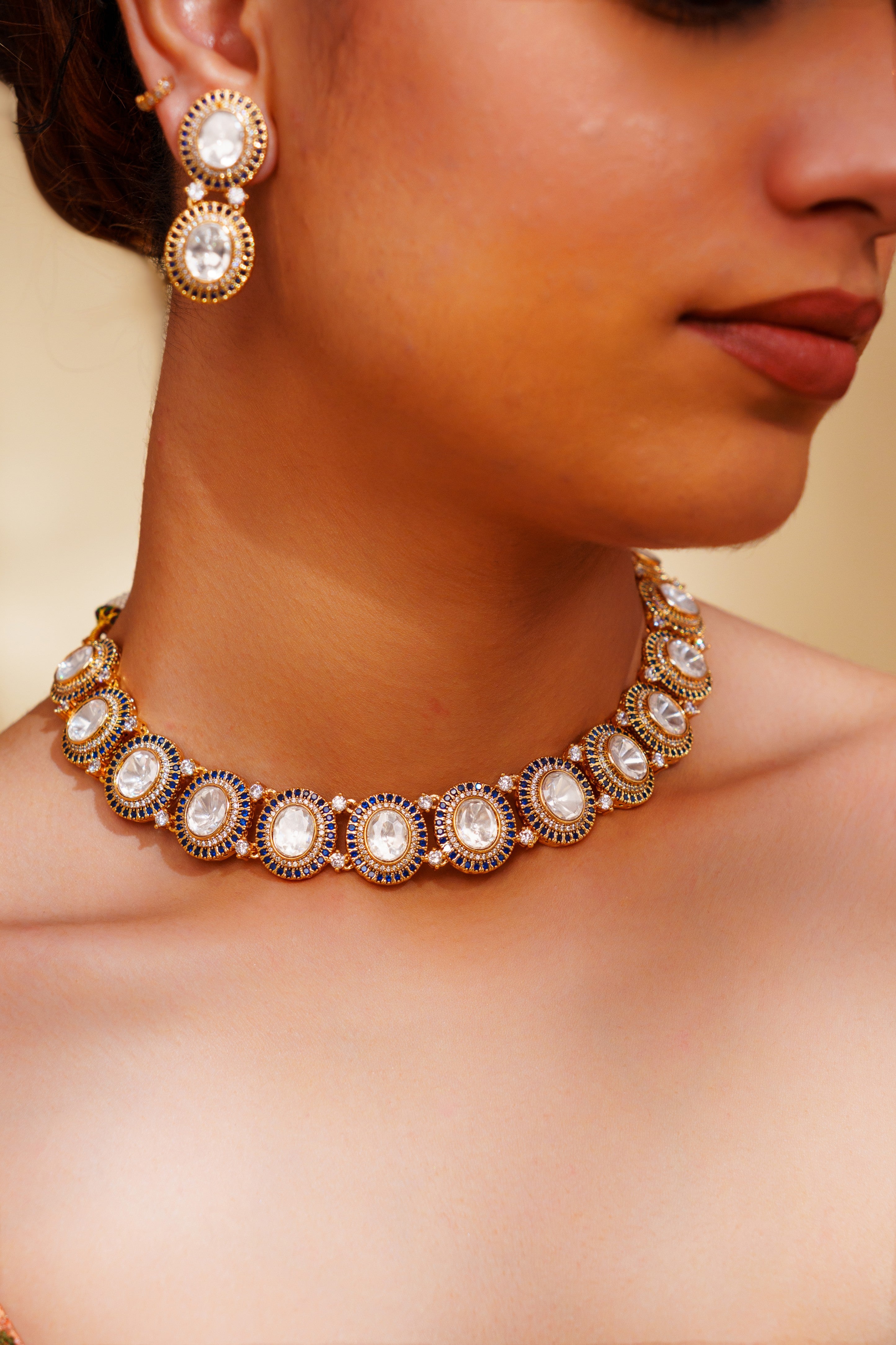 Elegant White Kundan & Sapphire Gold Necklace Set