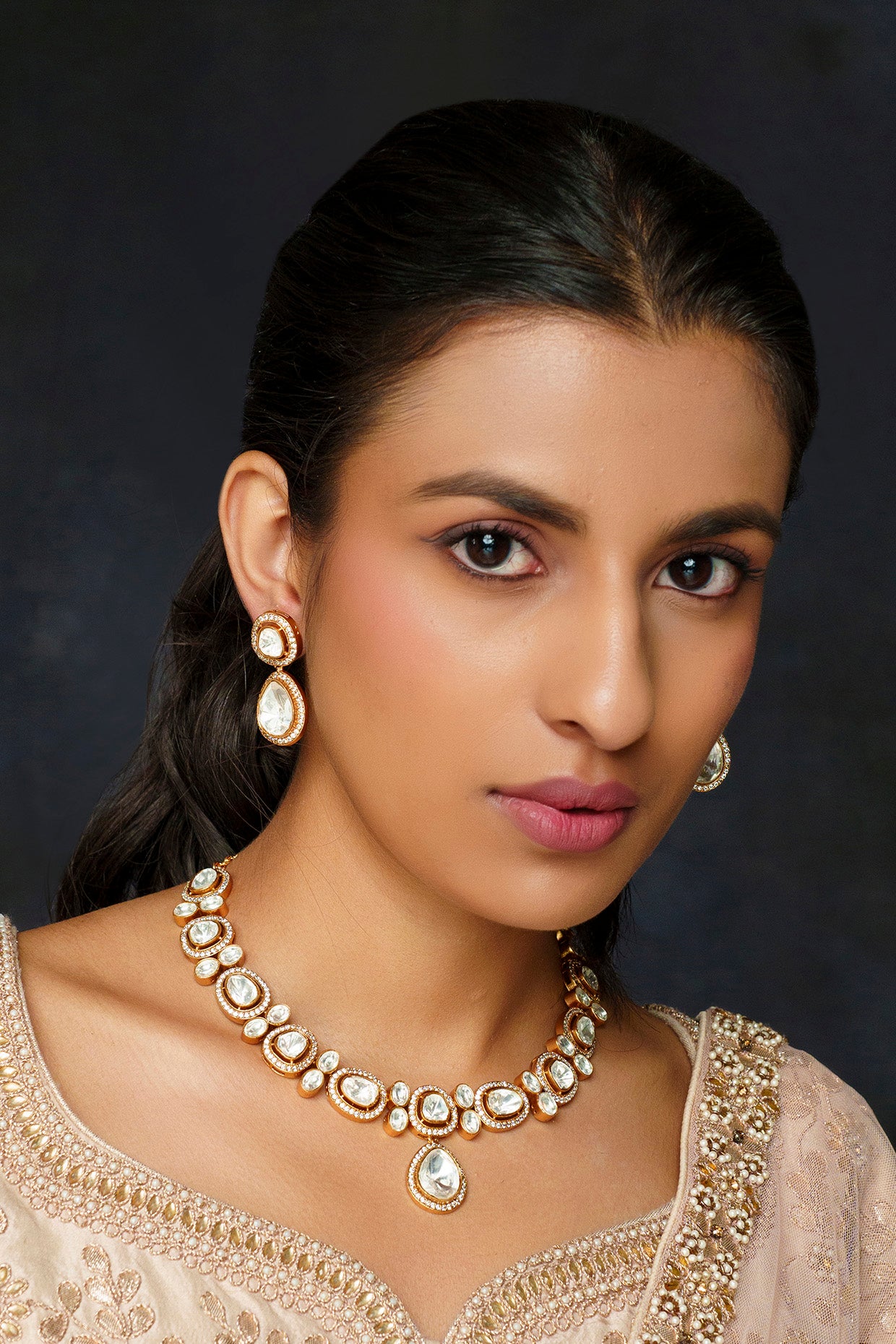 Statement Gold Necklace with Large White Kundan Stones