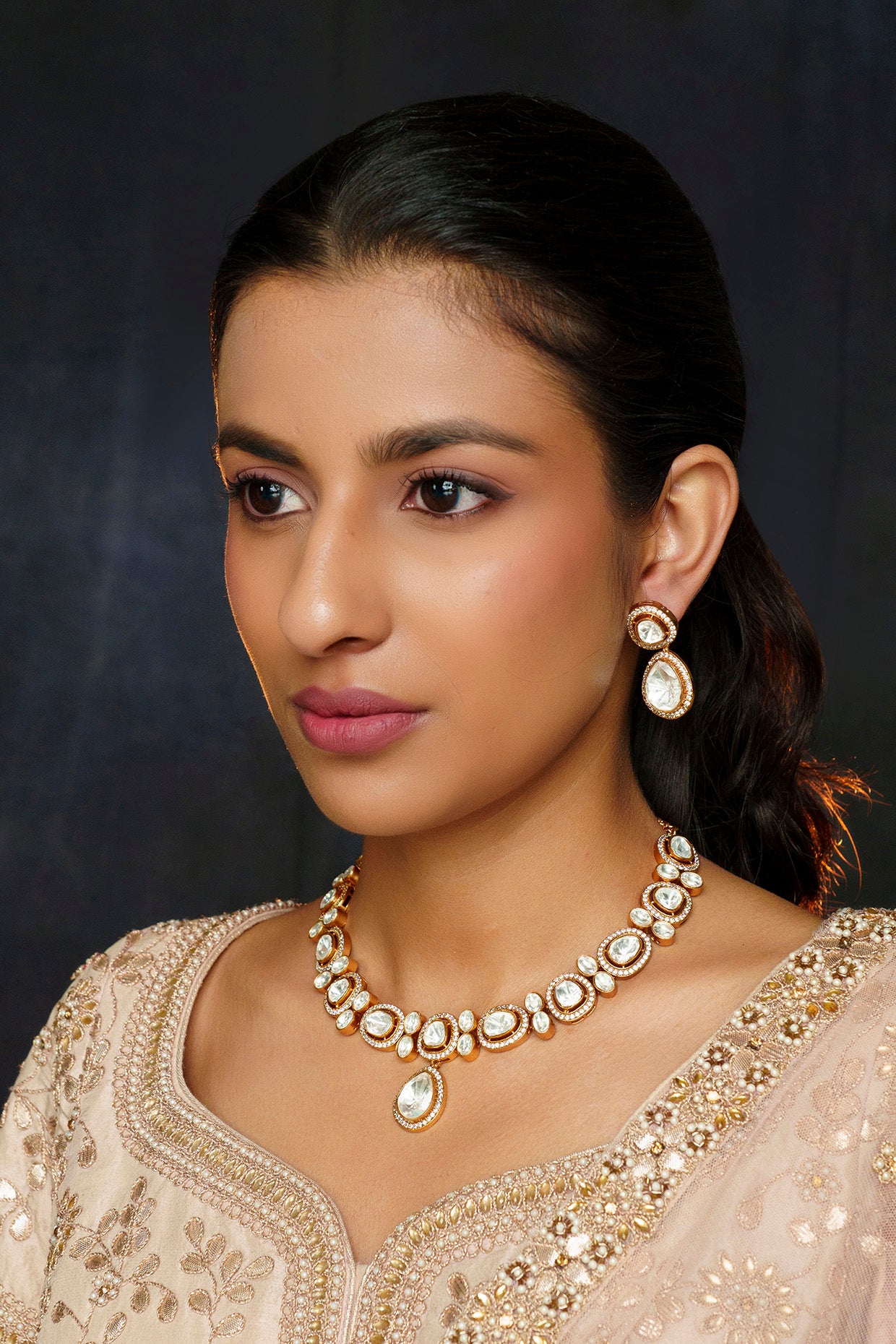 Statement Gold Necklace with Large White Kundan Stones