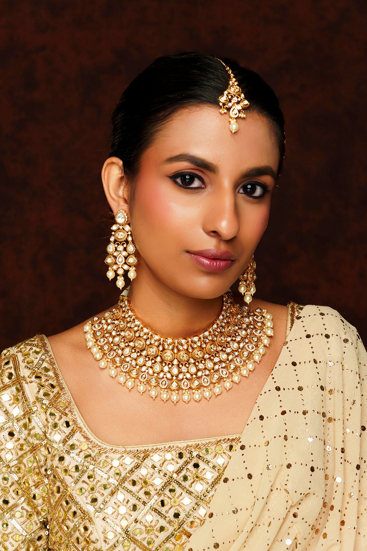 Royal Kundan & Pearl Necklace Set with Maang Tikka