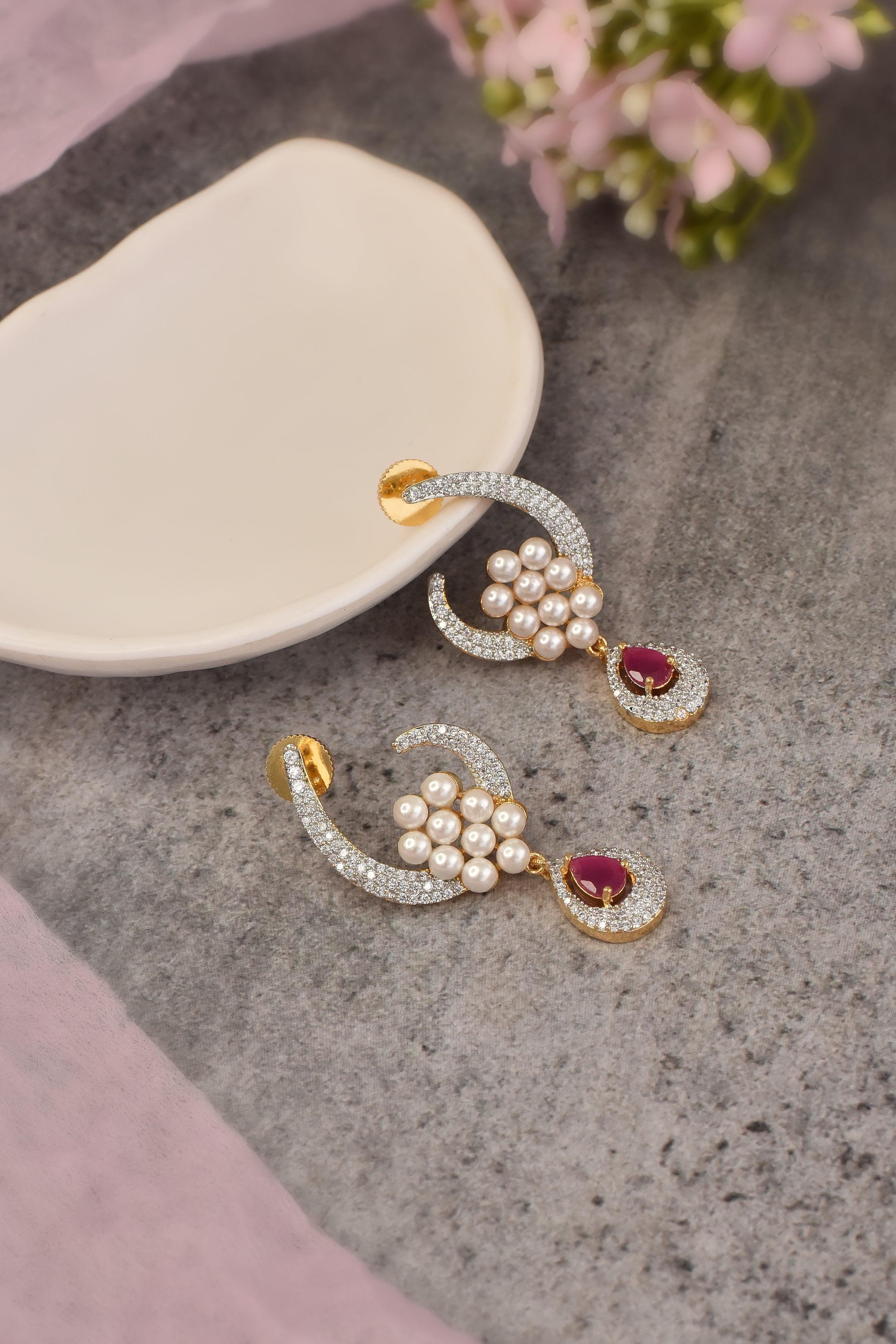 Red Silver Zirconia Stud Earrings - Dyulokha