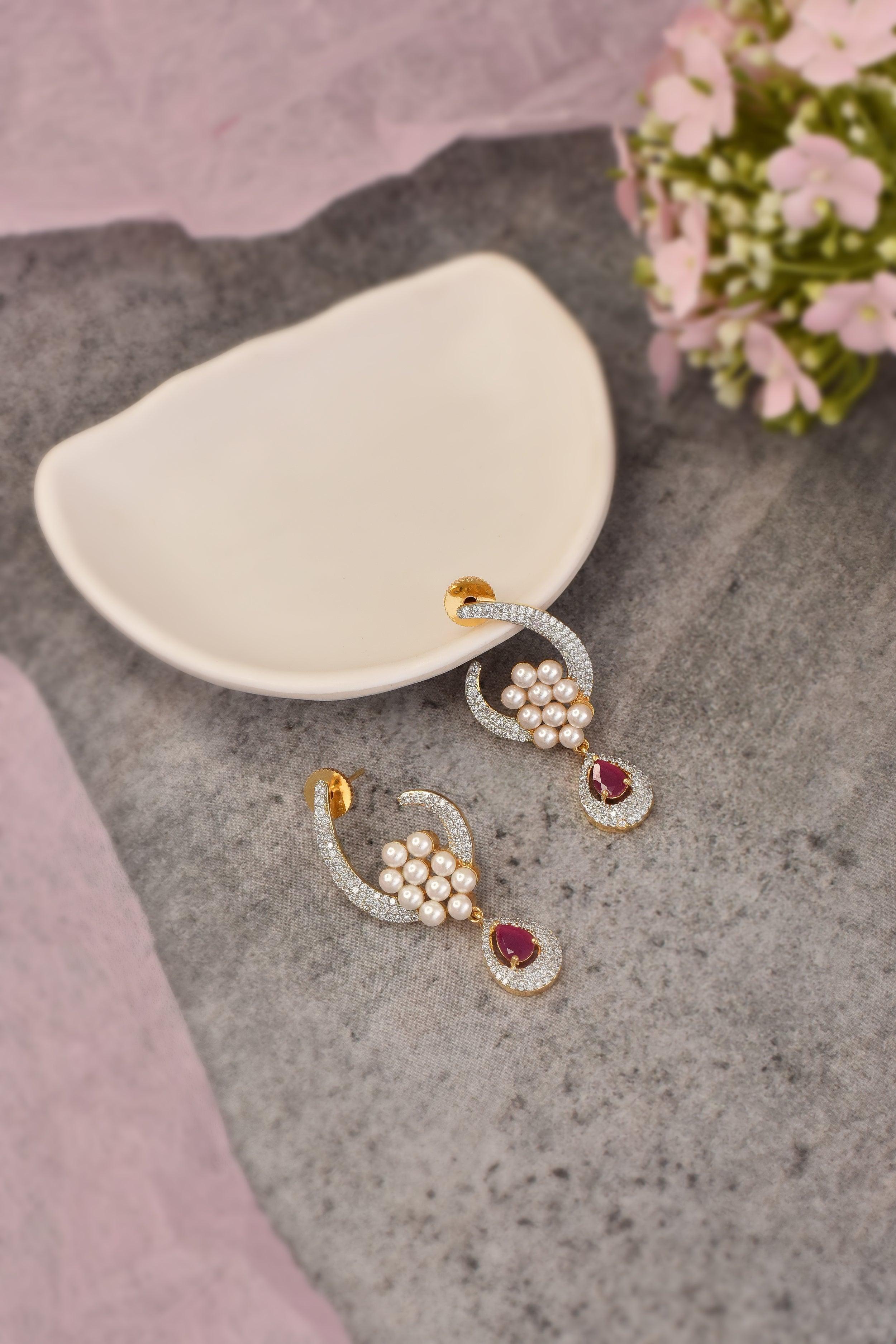 Red Silver Zirconia Stud Earrings - Dyulokha