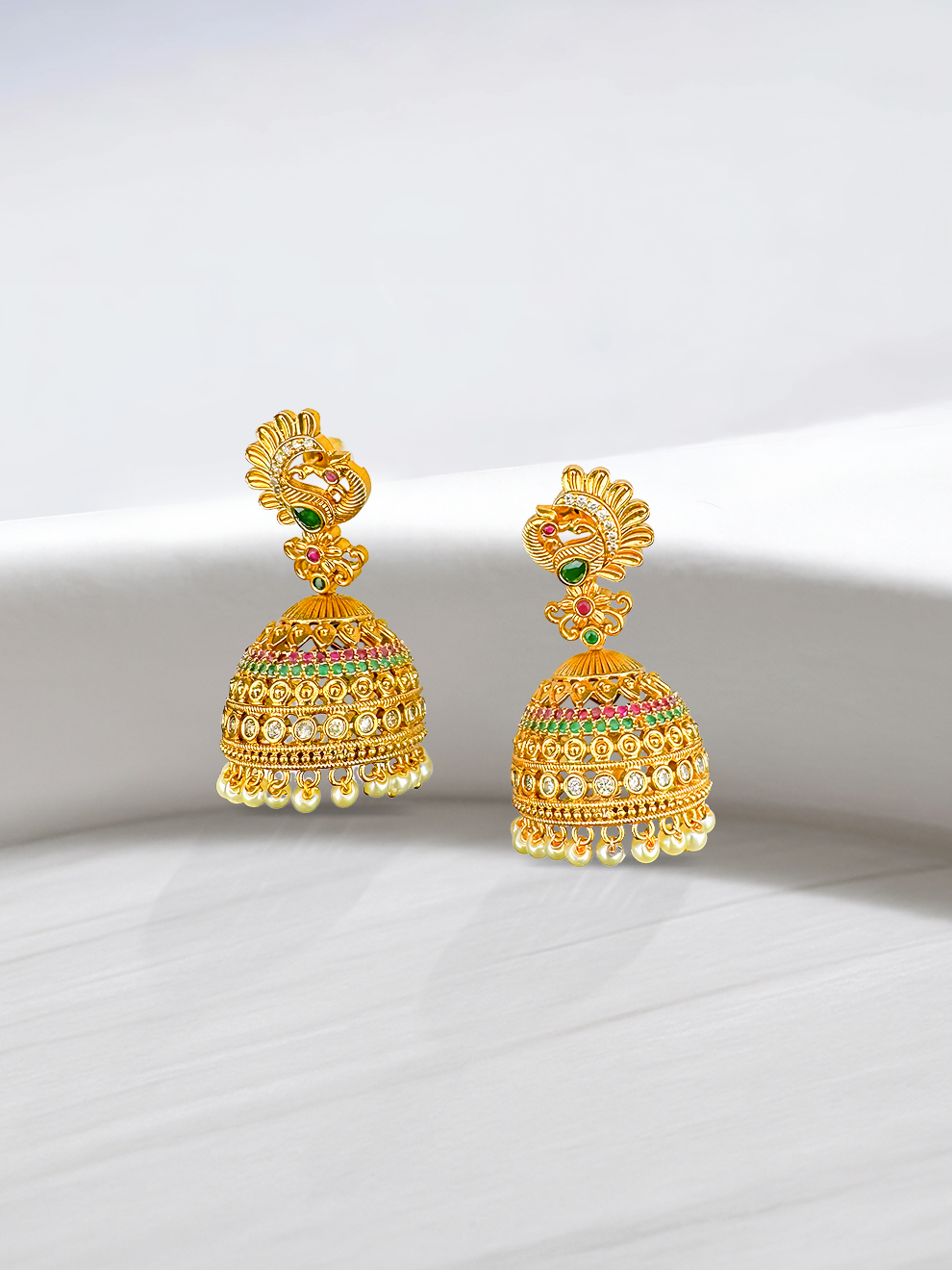 Elegant Peacock Jhumkas with White Drops