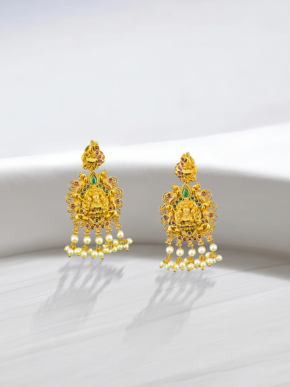 Laxmi Motif Danglers with Pearl Droplets