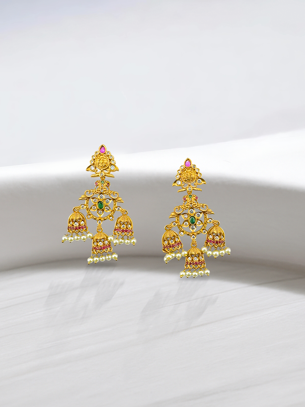 Bell-Shaped Danglers with Stones & Pearls