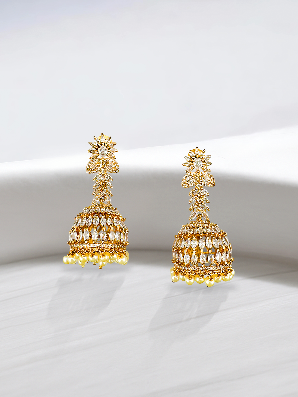 White CZ Jhumkas with Pearl Drops