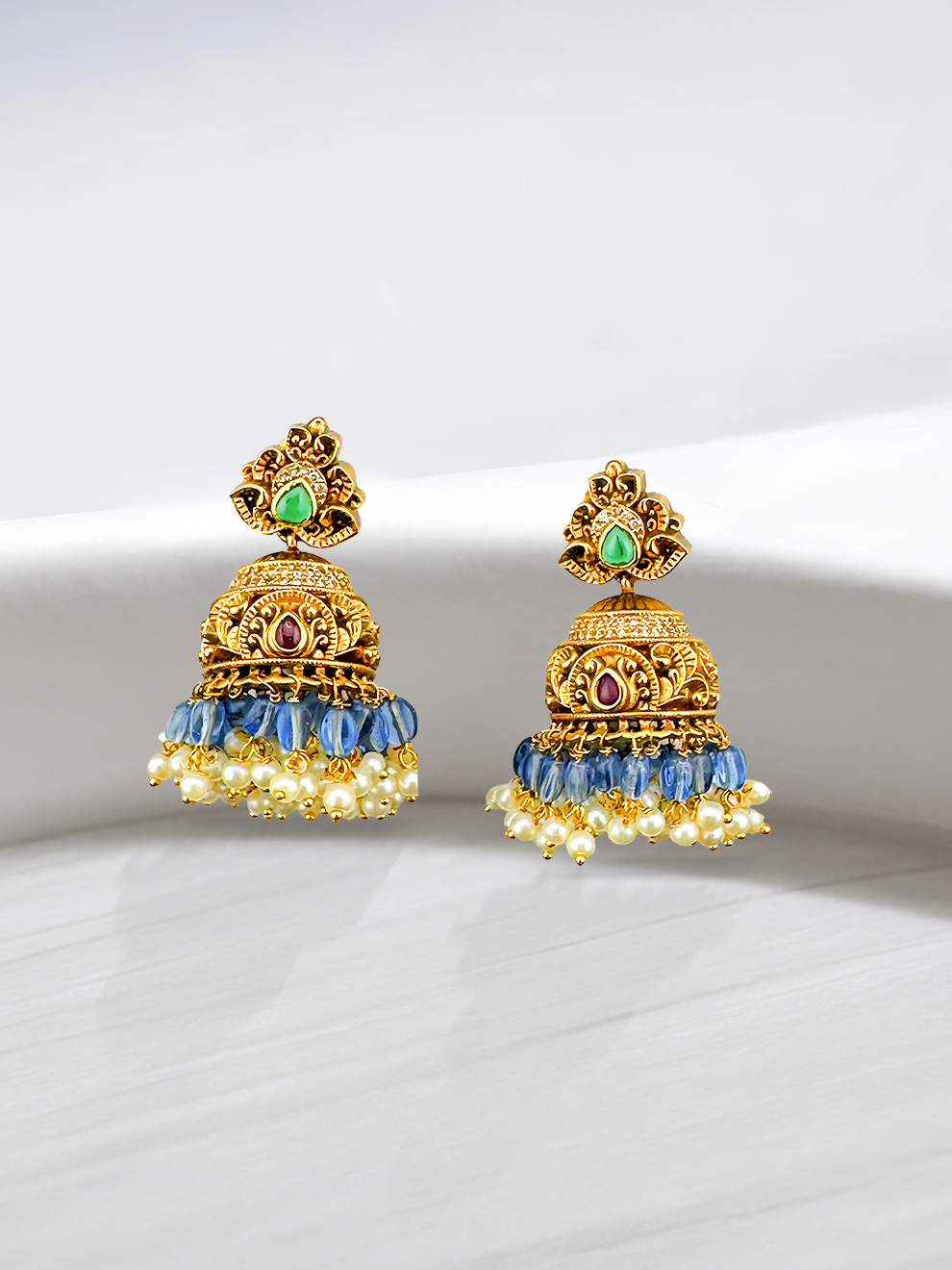 Flower-Shaped Jhumkas with Light Blue Drops
