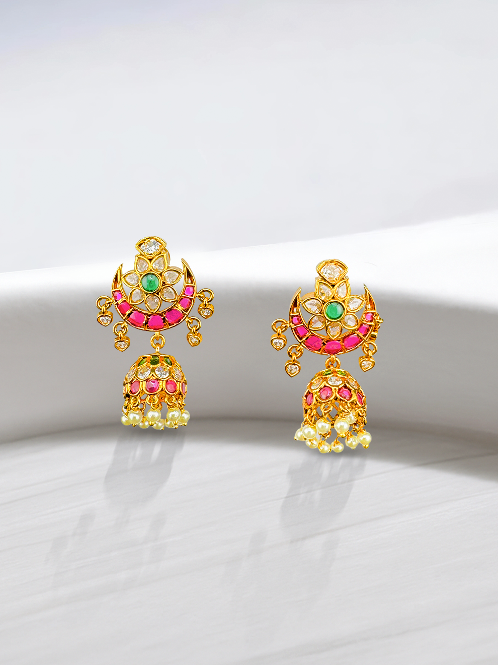 Moon-Shaped Jhumkas with Pink Stones