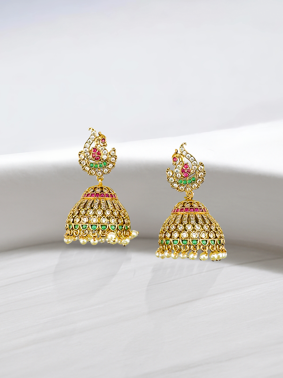 Swan Jhumka with Pink, Green & White Stones
