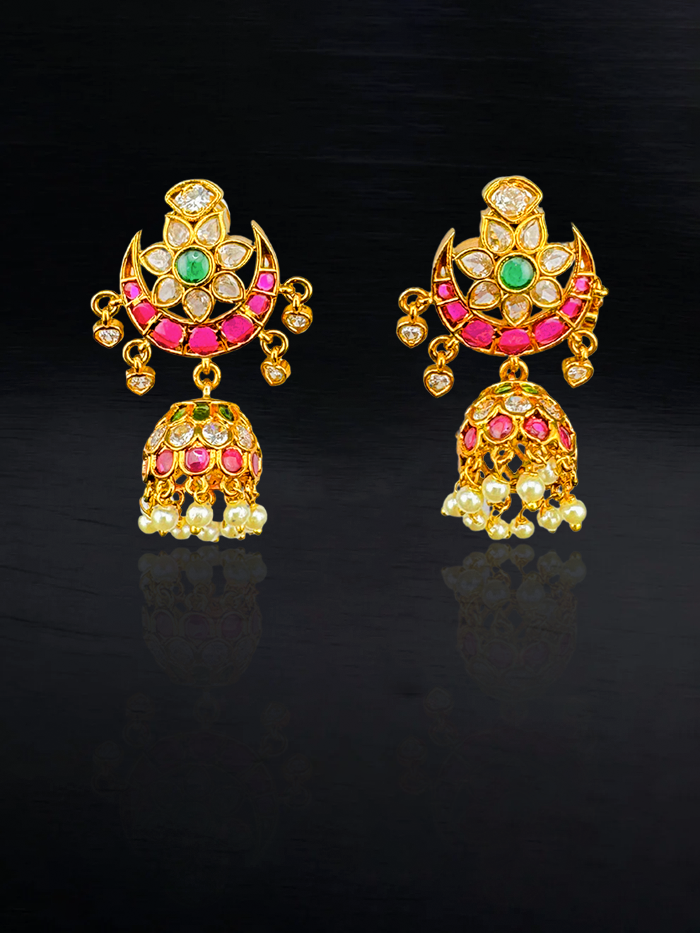 Moon-Shaped Jhumkas with Pink Stones