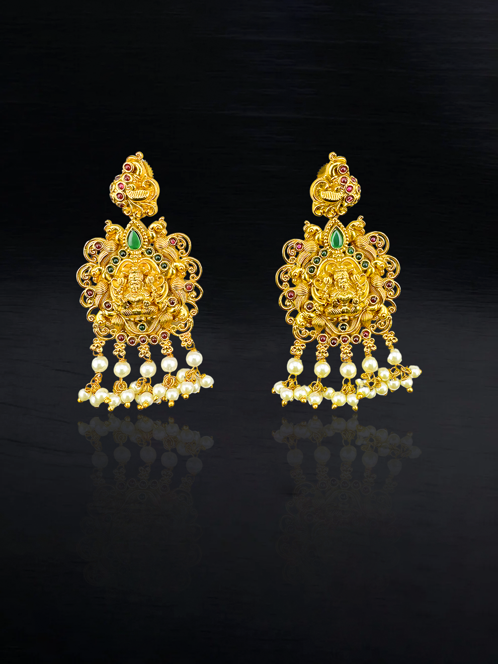 Laxmi Motif Danglers with Pearl Droplets