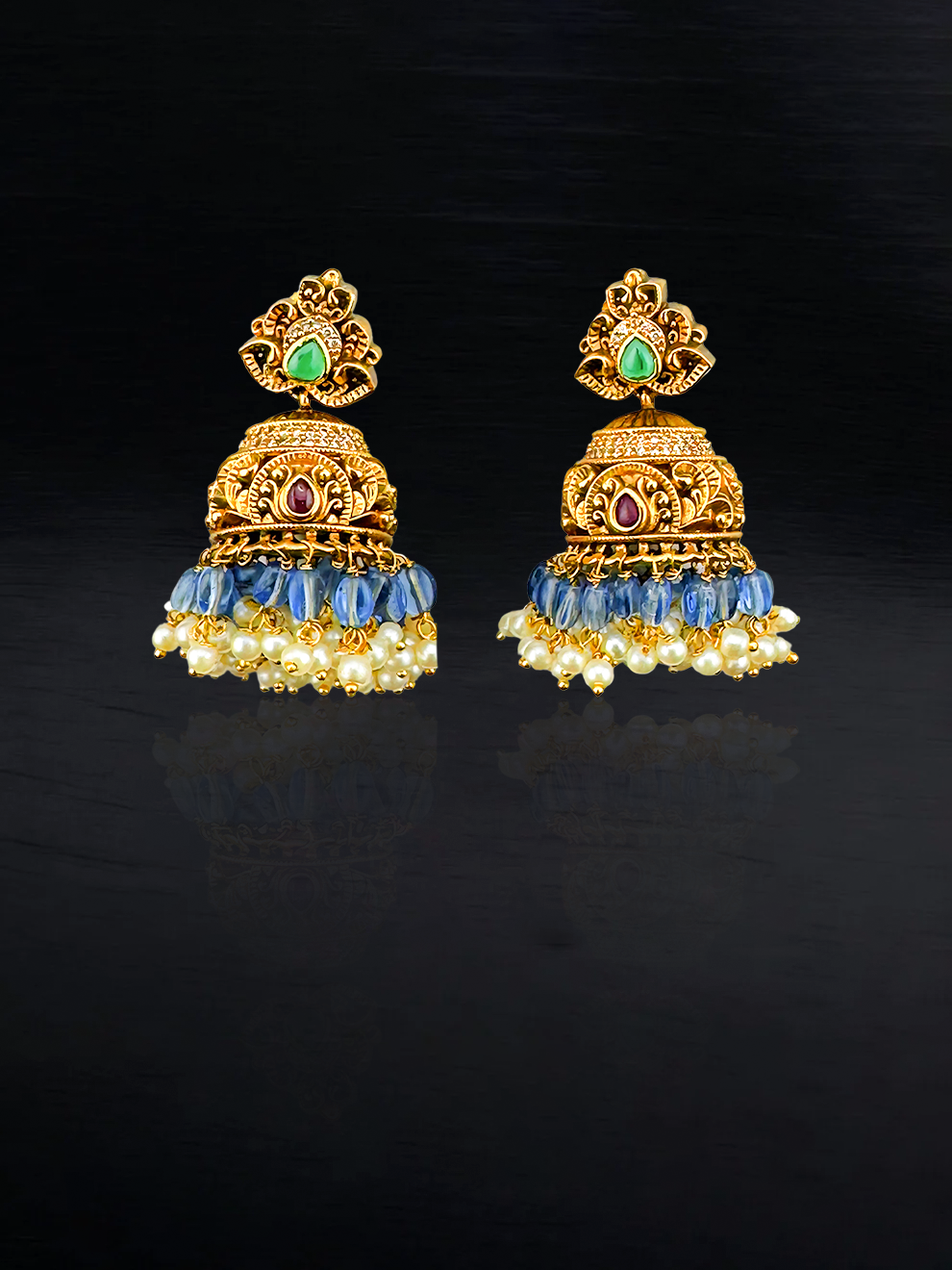 Flower-Shaped Jhumkas with Light Blue Drops