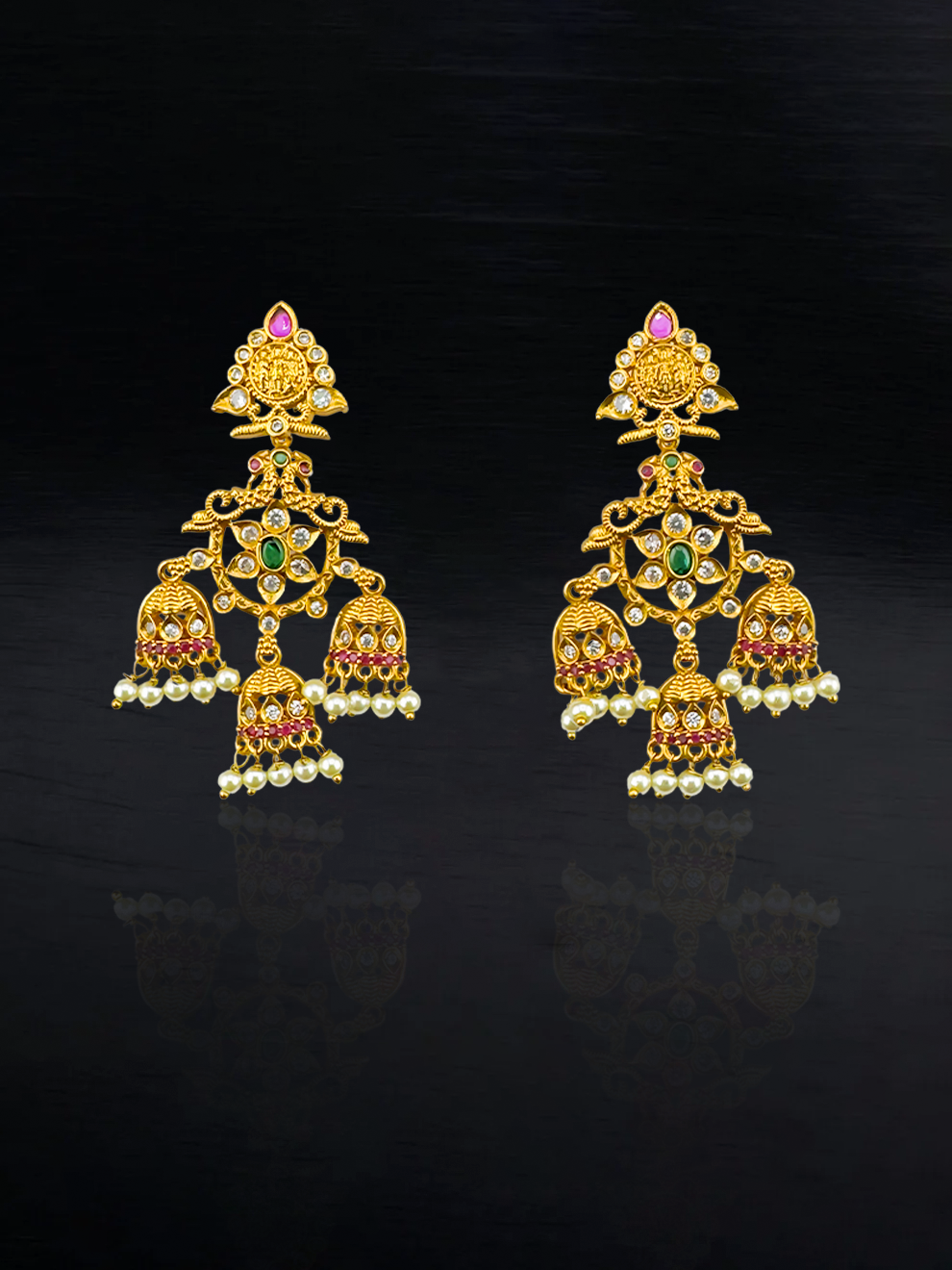Bell-Shaped Danglers with Stones & Pearls
