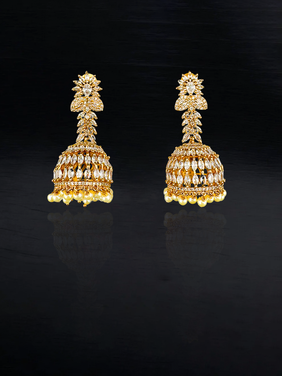 White CZ Jhumkas with Pearl Drops
