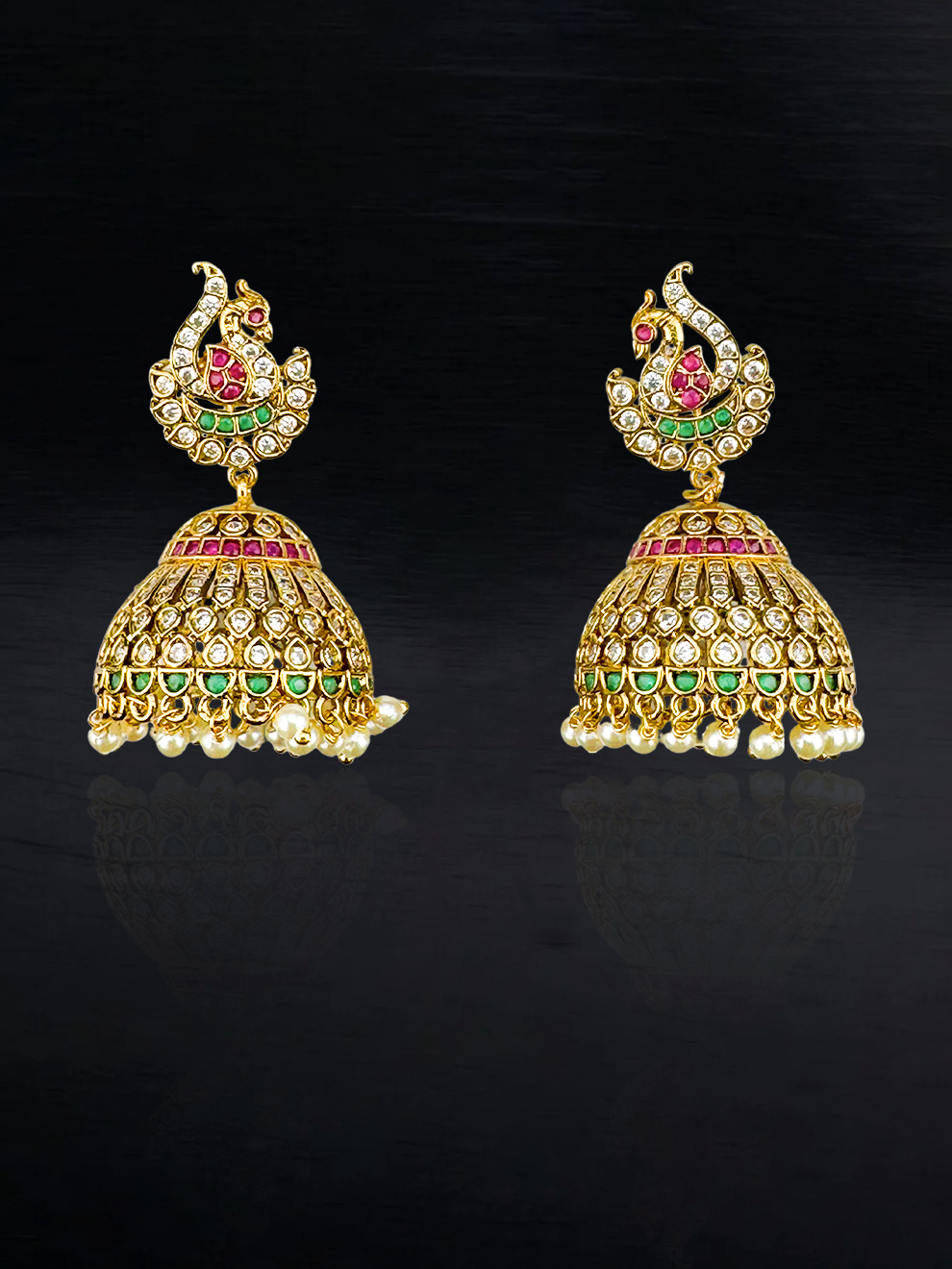 Swan Jhumka with Pink, Green & White Stones