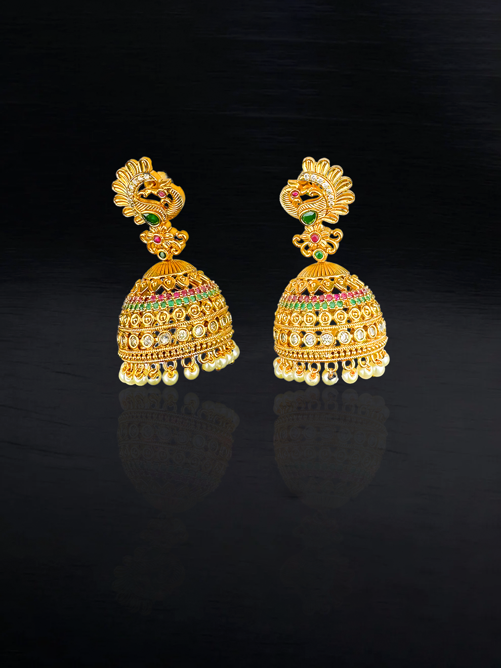 Elegant Peacock Jhumkas with White Drops