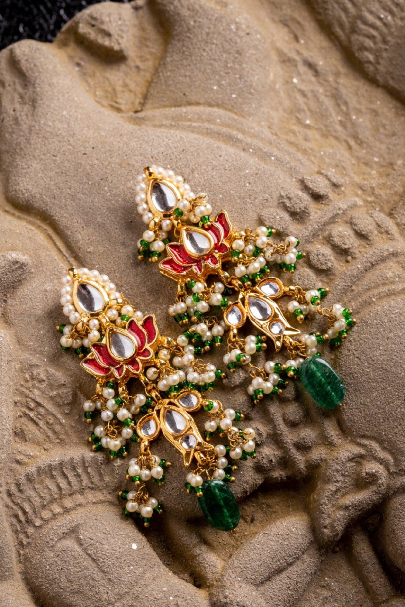 Red Lotus Kundan Pearls Earrings - Dyulokha
