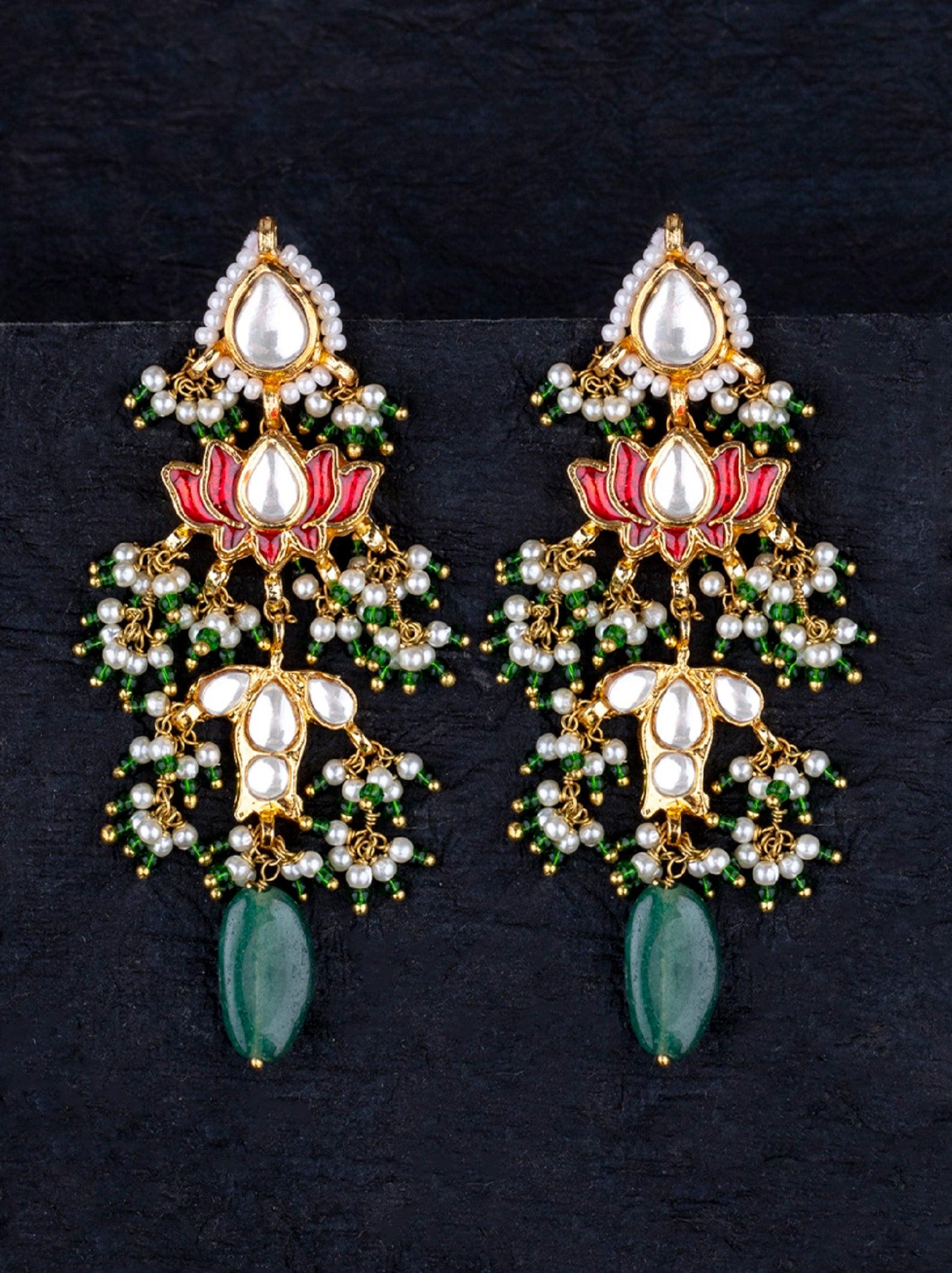 Red Lotus Kundan Pearls Earrings - Dyulokha
