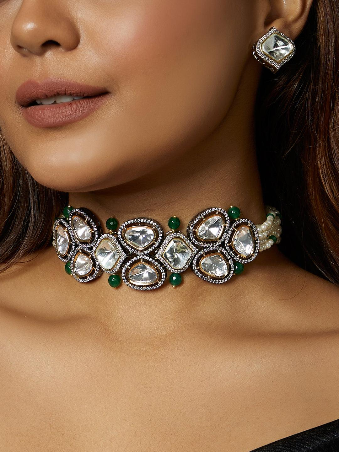 Antique Green & White Polki Set - Dyulokha