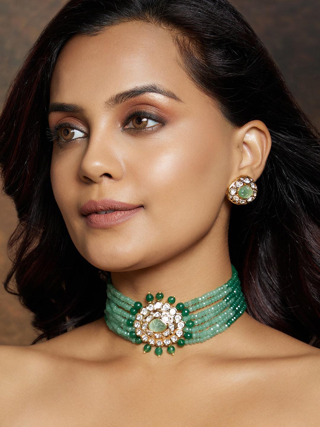 Green Bliss Multi-Shaded Polki Choker Set - Dyulokha