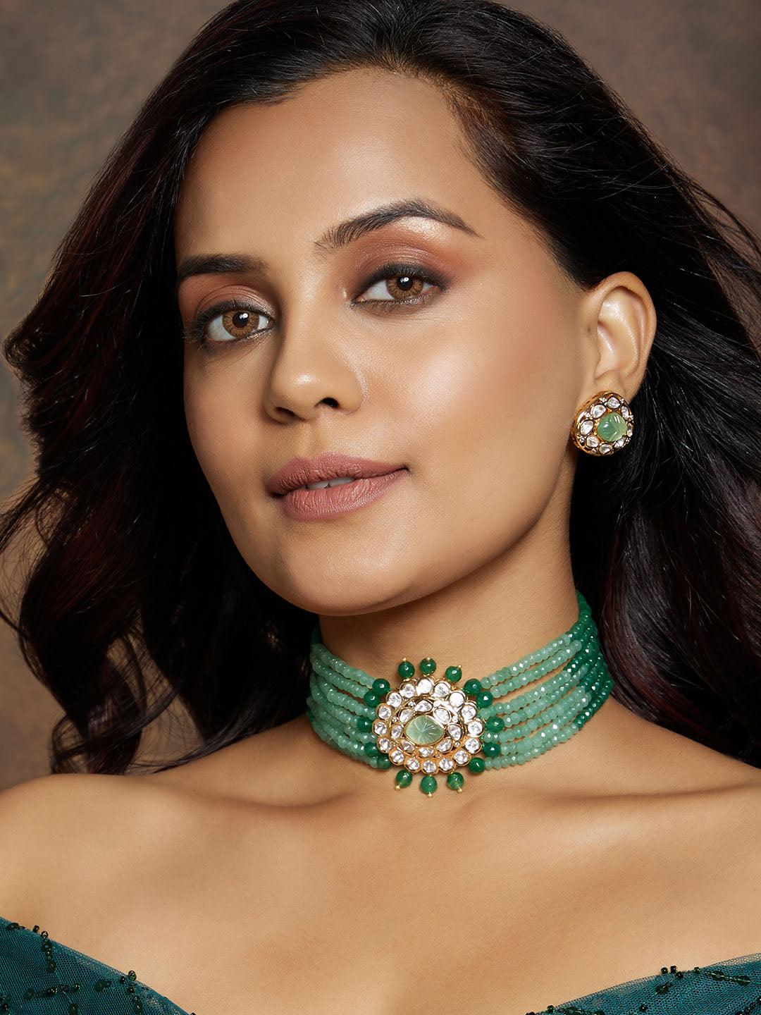 Green Bliss Multi-Shaded Polki Choker Set - Dyulokha