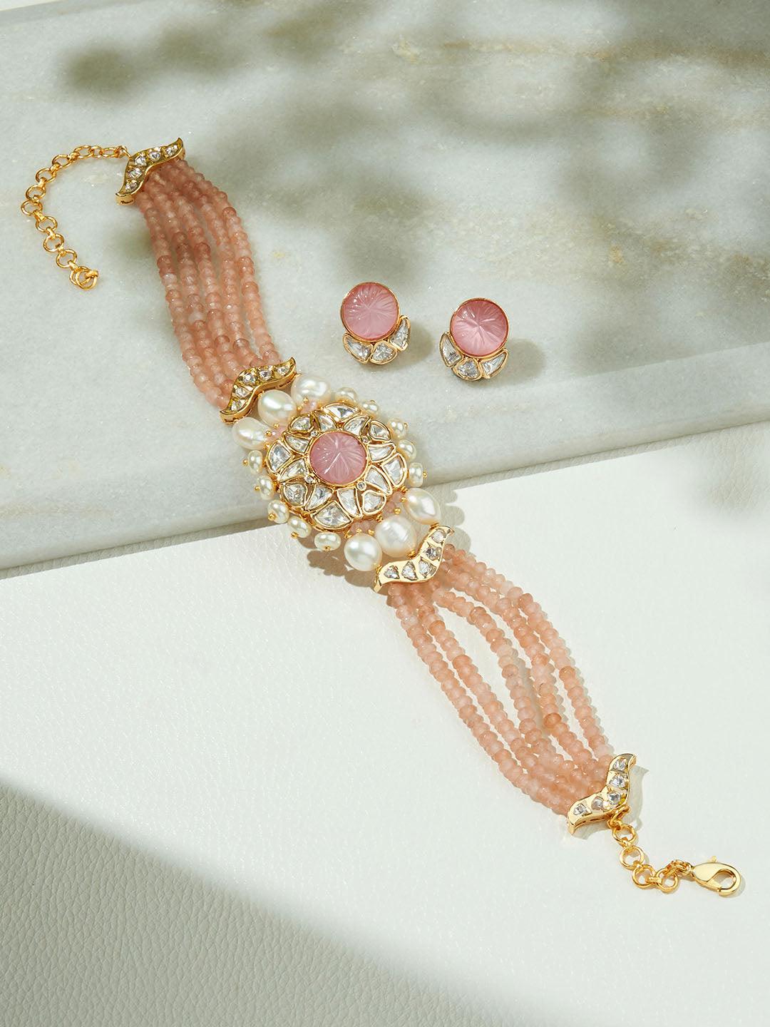 Peachy Radiance Vibrant Beaded Polki Set - Dyulokha
