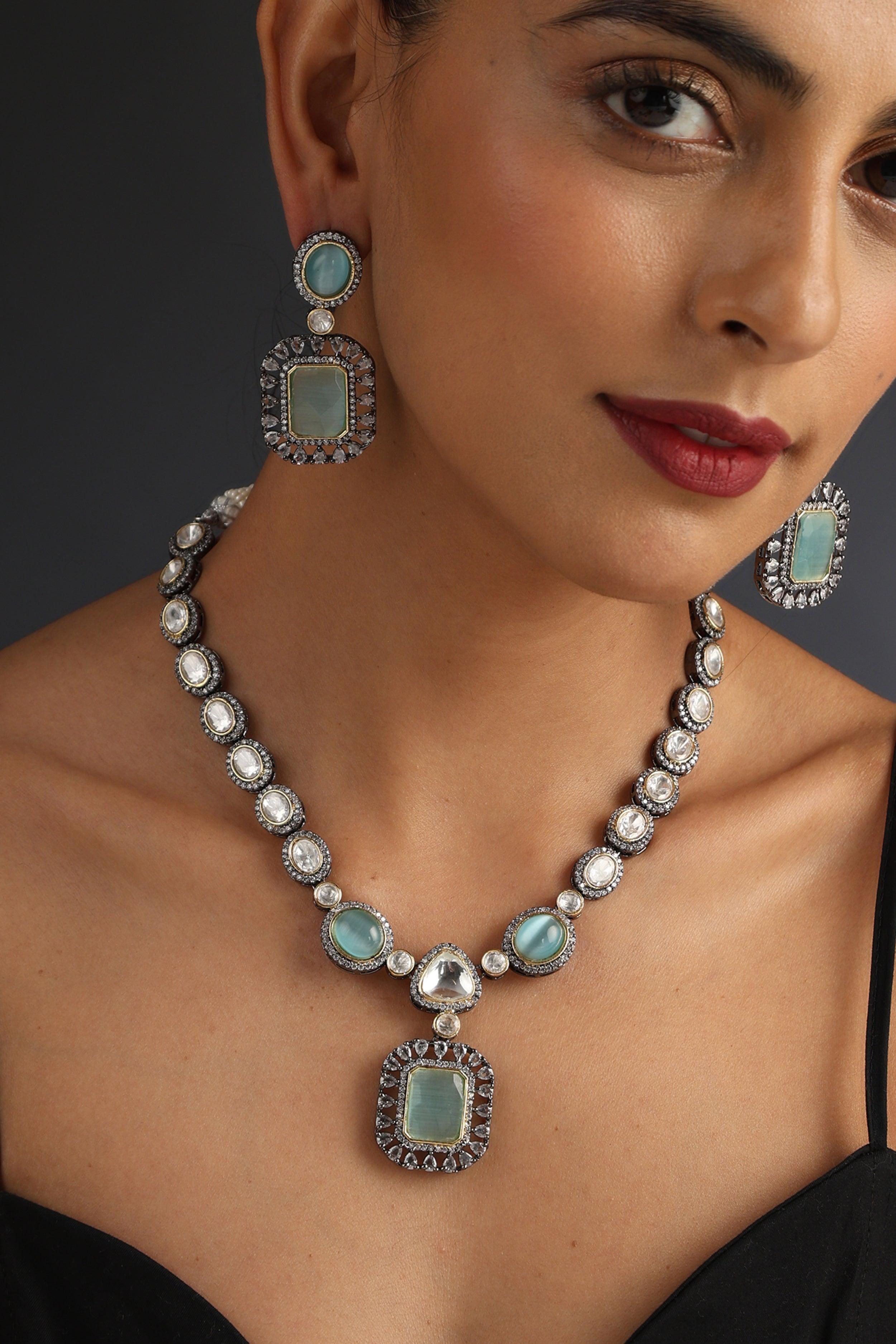Mint Silver Polki Necklace Set - Dyulokha