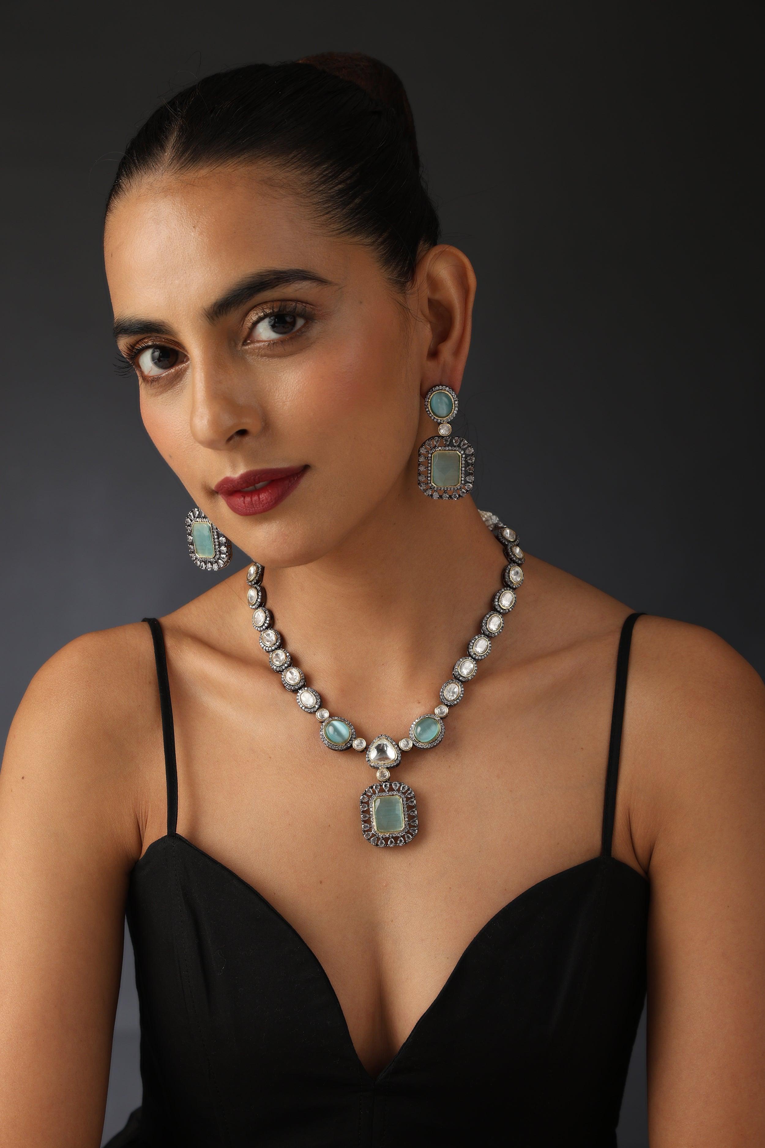 Mint Silver Polki Necklace Set - Dyulokha