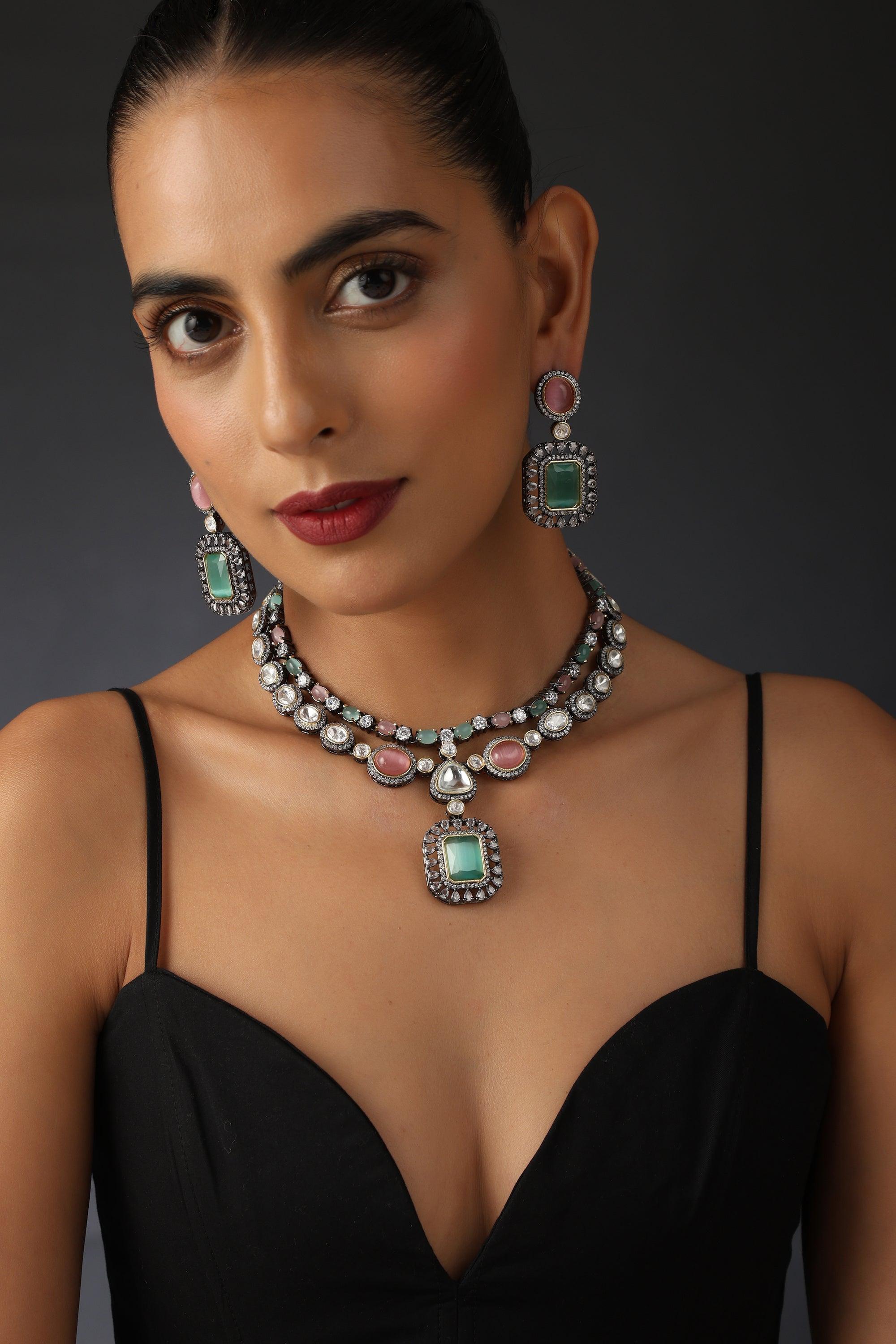 Pink & Mint Silver Polki Necklace Set - Dyulokha