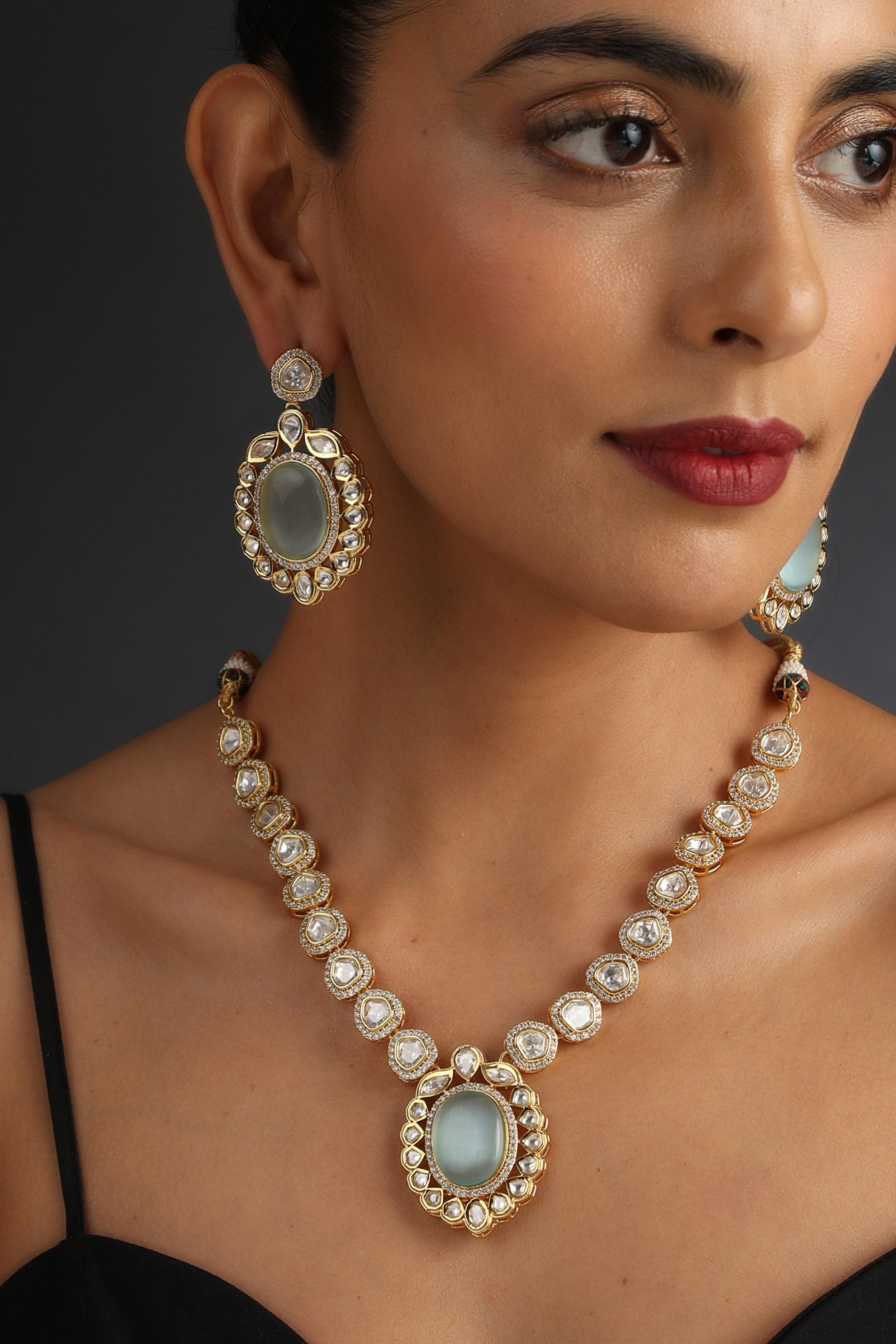 Minty Glamour Polki Necklace Set - Dyulokha