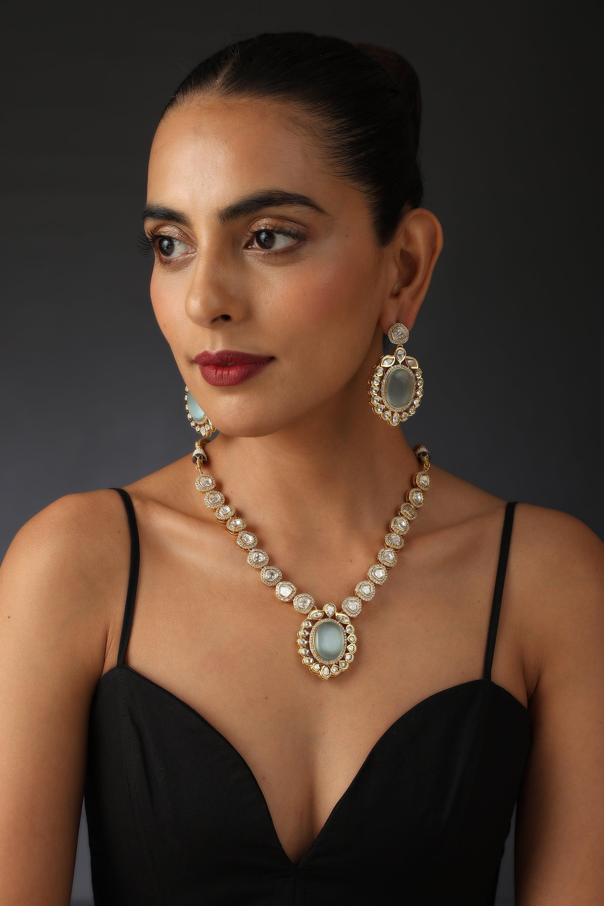 Minty Glamour Polki Necklace Set - Dyulokha