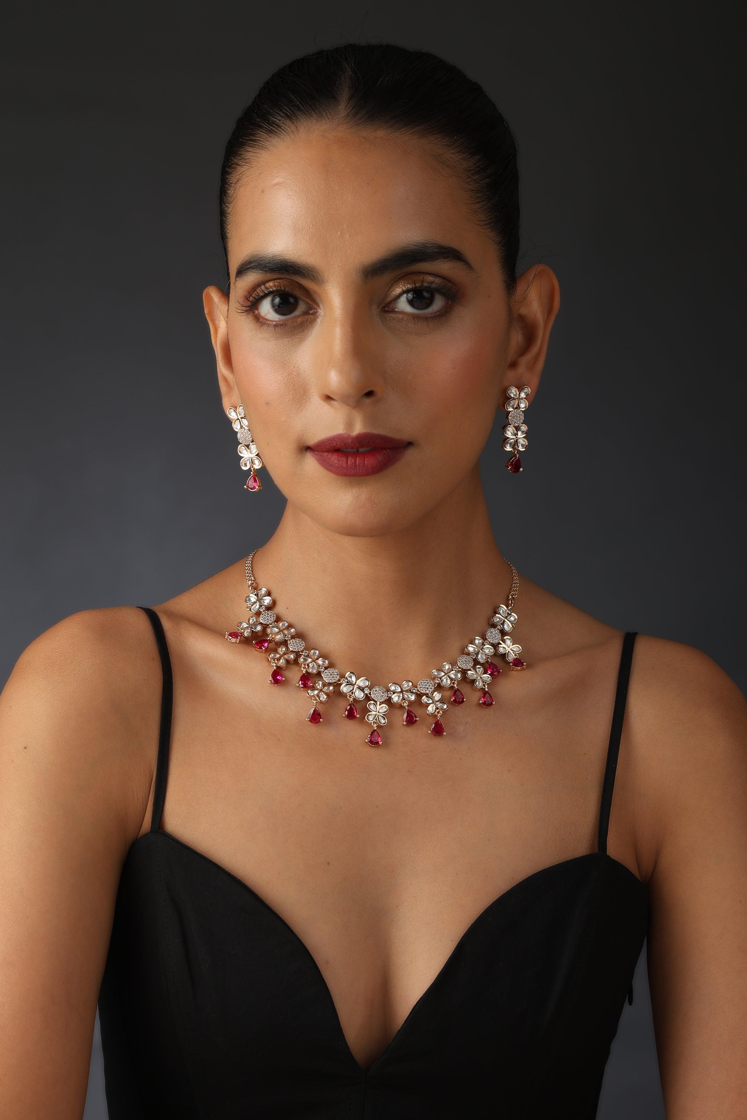 Scarlet Splendor Polki Necklace Set - Dyulokha