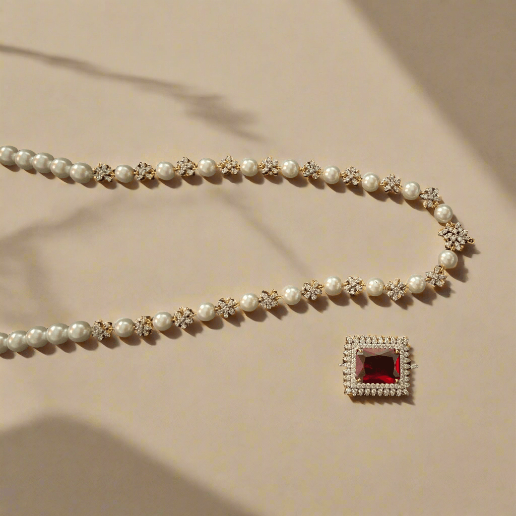 Crimson Onyx Pearl Necklace Set - Dyulokha
