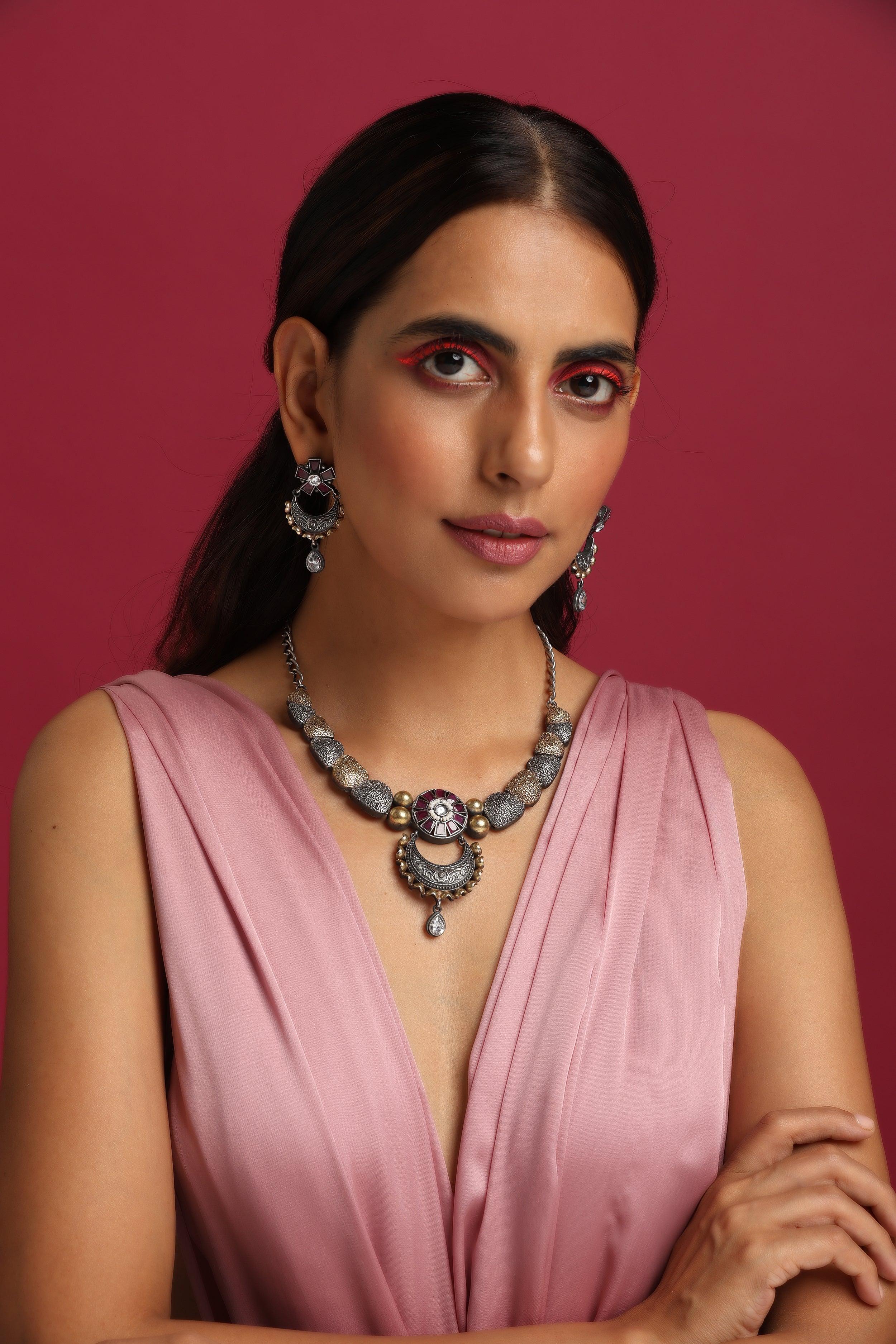 Amethyst Aura Rhodium Necklace Ensemble - Dyulokha