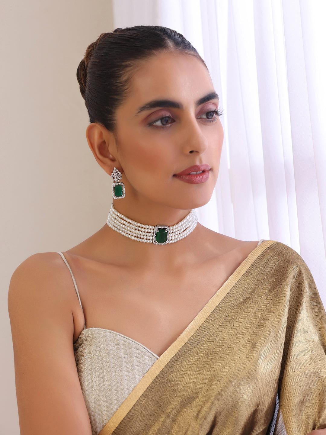 Emerald Enchantment Silver Tone Choker Set - Dyulokha