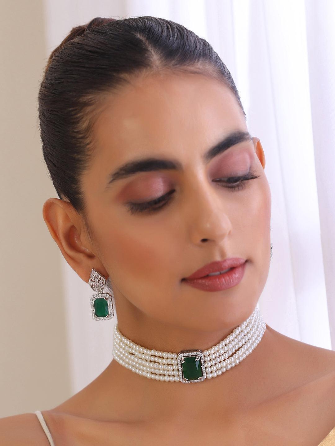 Emerald Enchantment Silver Tone Choker Set - Dyulokha