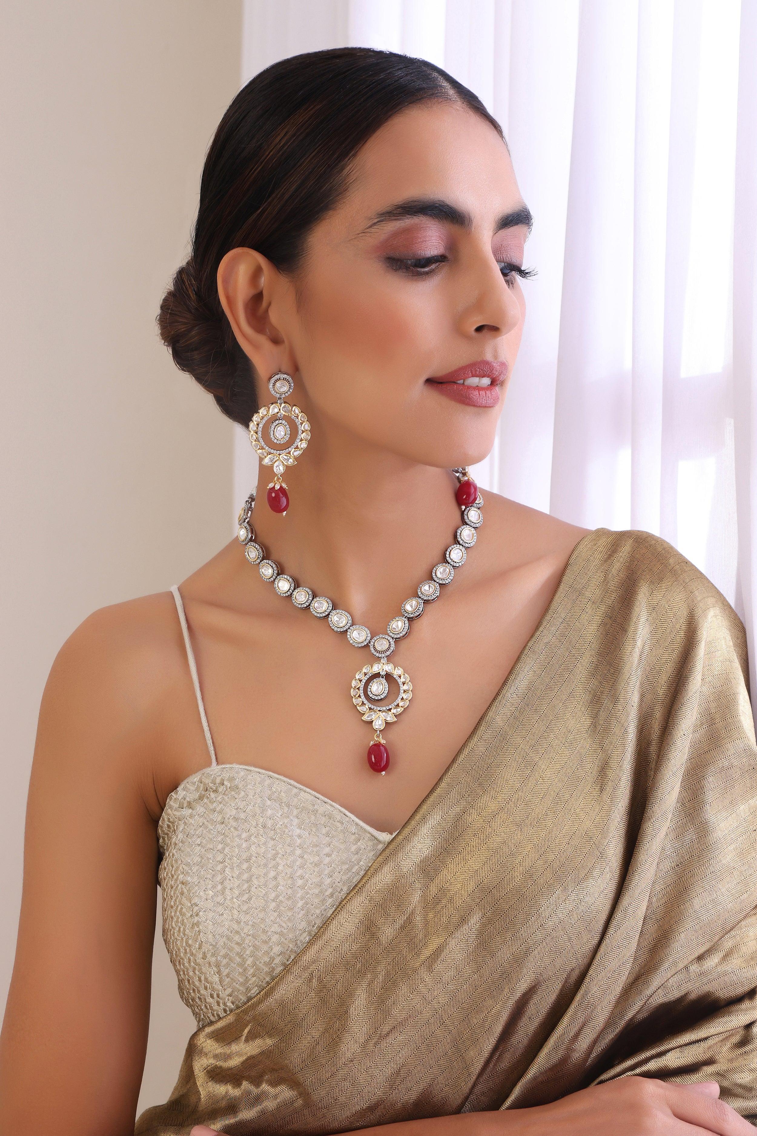Ruby Radiance Silver Tone Polki Necklace Set - Dyulokha