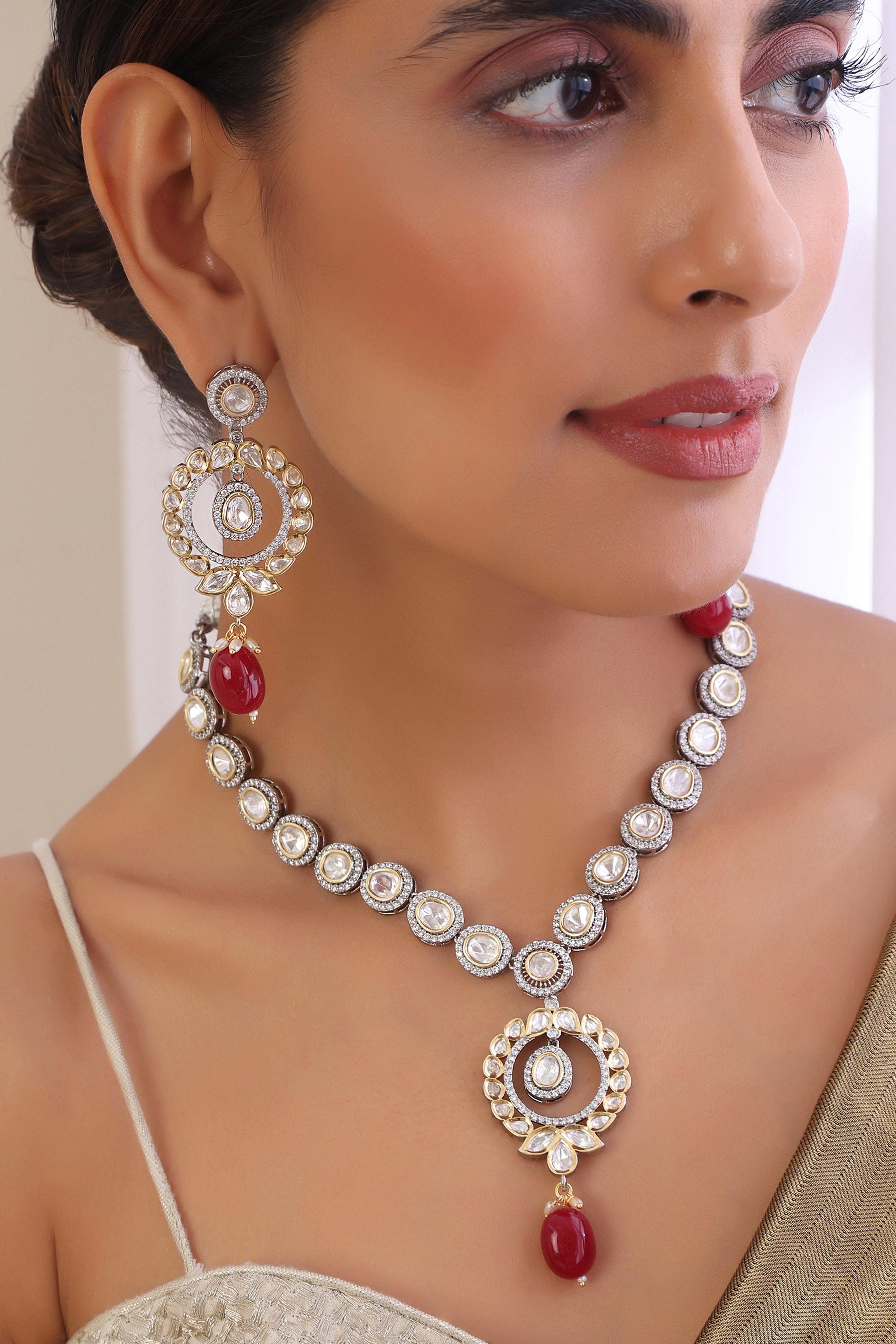 Ruby Radiance Silver Tone Polki Necklace Set - Dyulokha