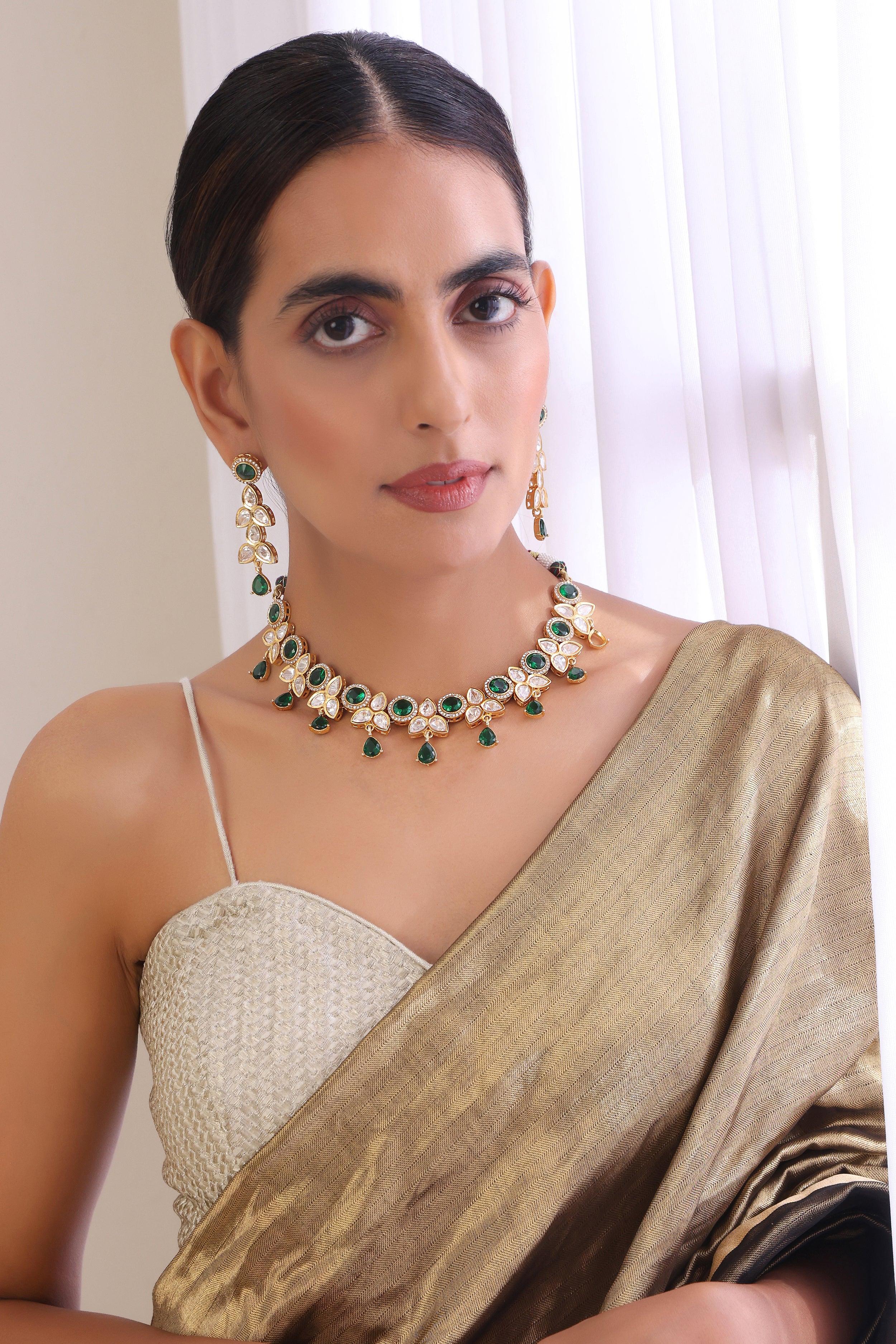 Verdant Elegance Emerald Polki Necklace Set - Dyulokha