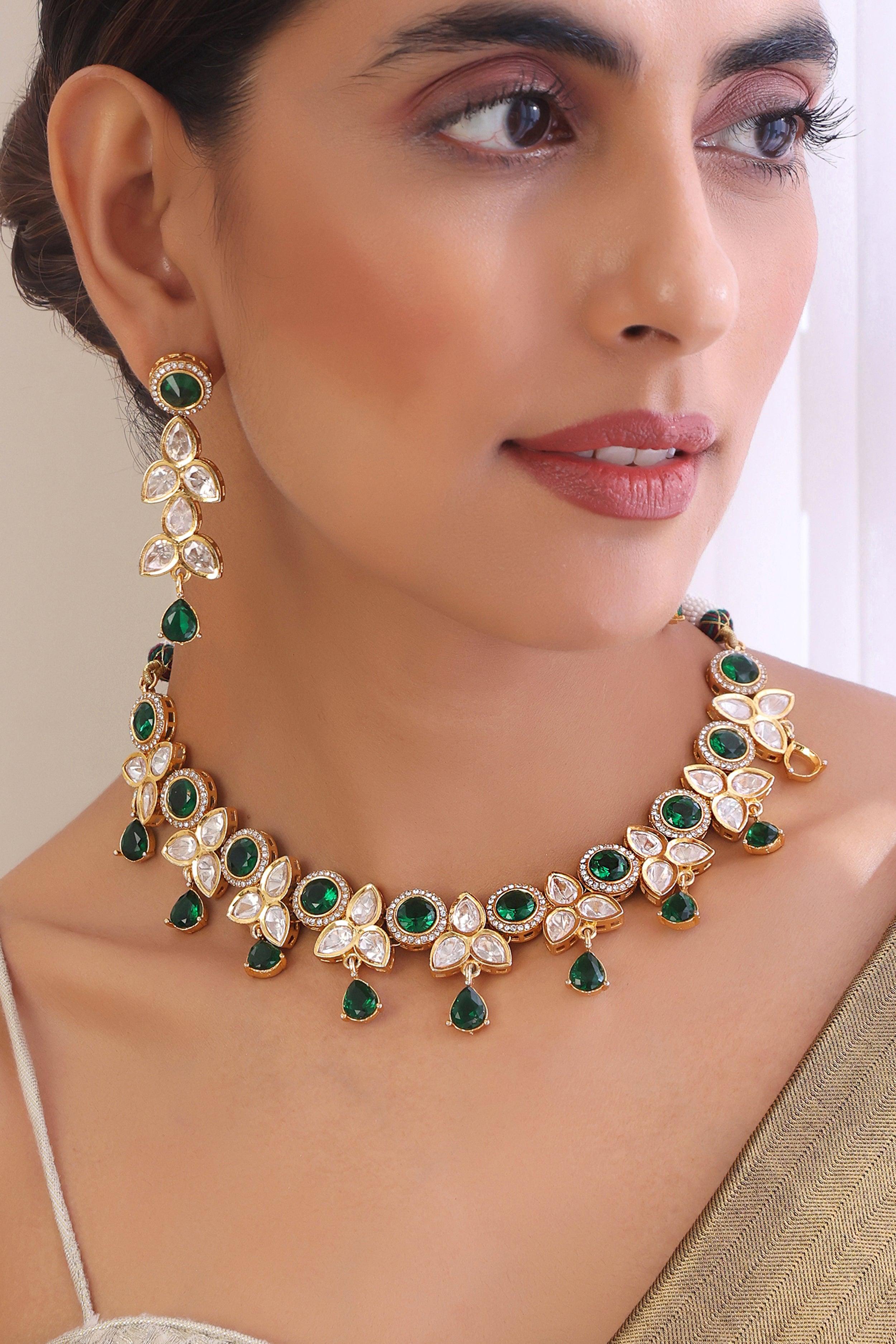 Verdant Elegance Emerald Polki Necklace Set - Dyulokha