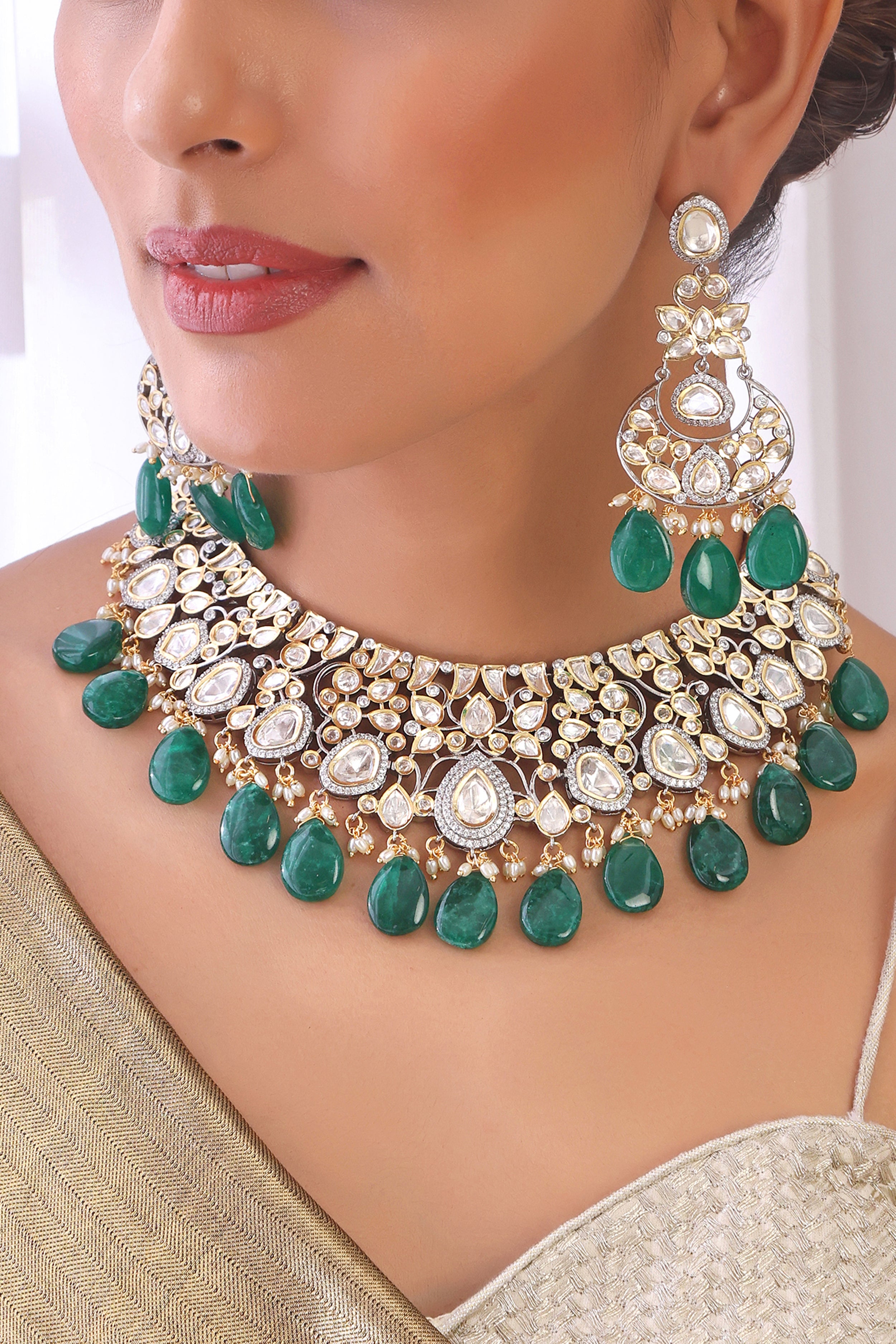 Emerald Glitter Polki Necklace Set