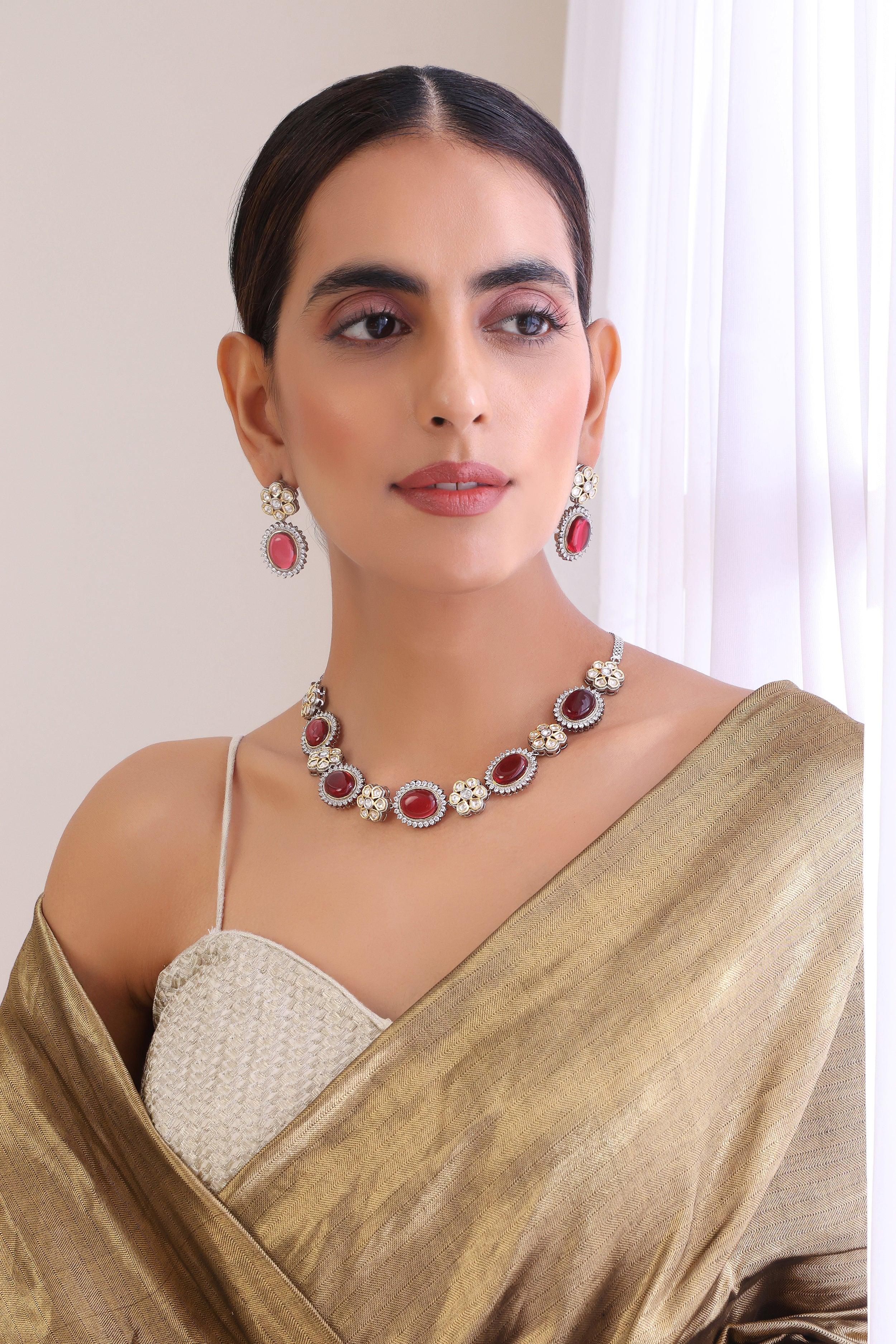 Crimson Charisma Polki Necklace Set - Dyulokha