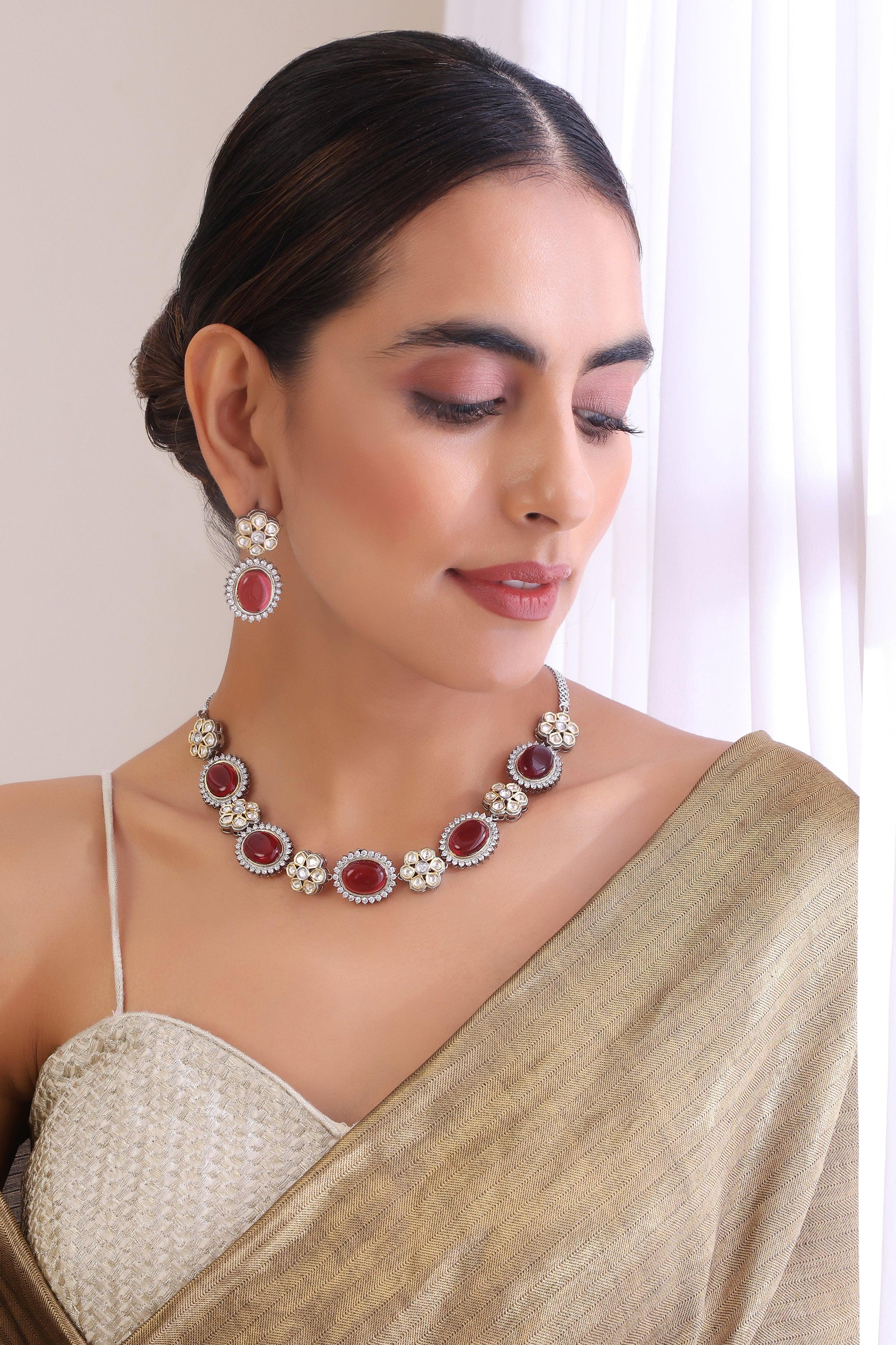 Crimson Charisma Polki Necklace Set - Dyulokha