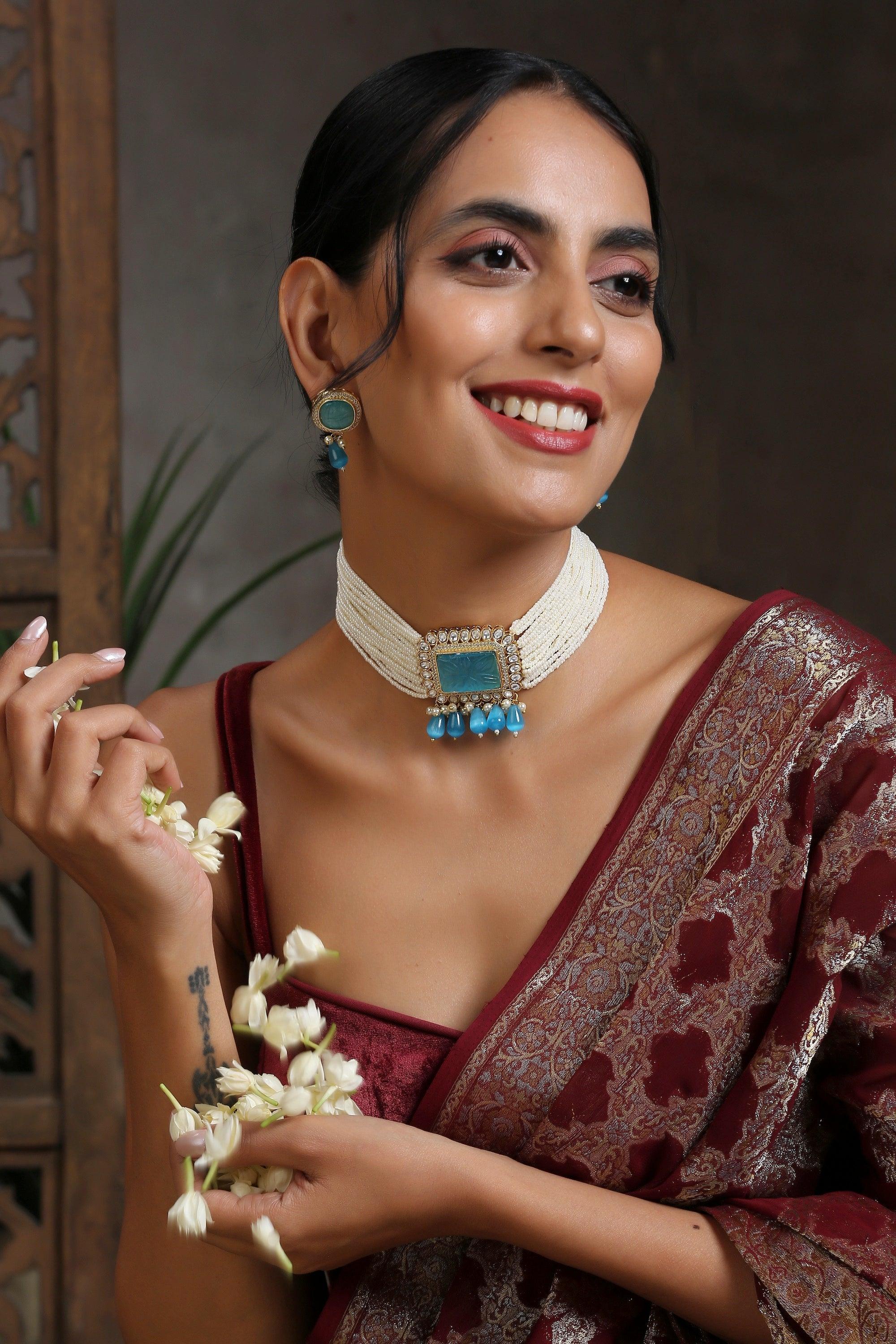Sapphire Serenade Kundan Pearl Choker Set - Dyulokha
