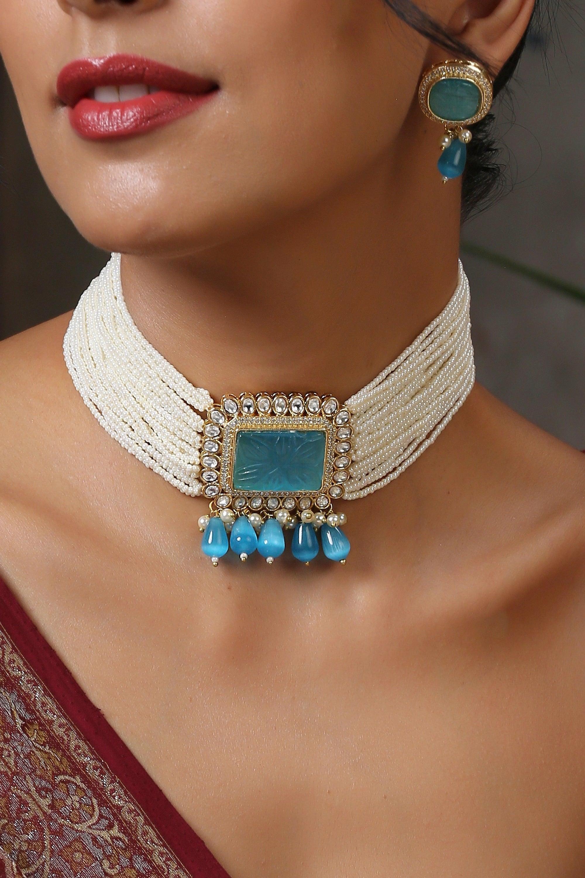 Sapphire Serenade Kundan Pearl Choker Set - Dyulokha
