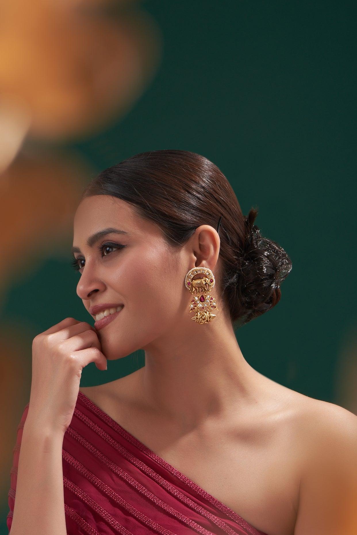 Regal Ruby Kundan Temple Earrings - Dyulokha