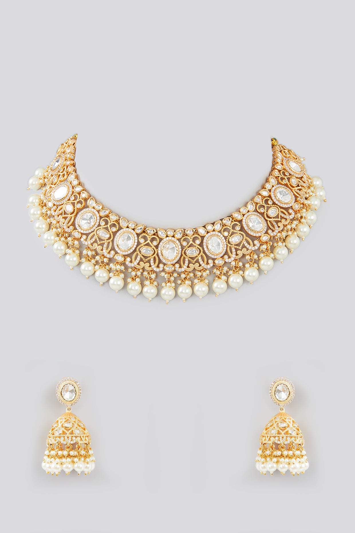 Elegant Gold and White Kundan Pearl Necklace Set
